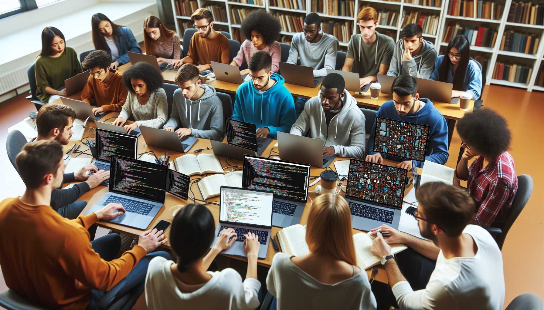 Diverse group of students learning AI coding on laptops