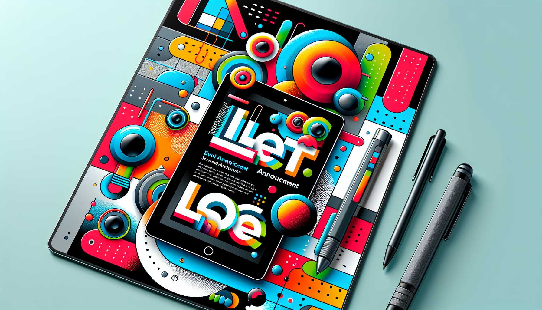 a colorful Apple 'Let Loose' event announcement poster featuring iPads and an Apple Pencil