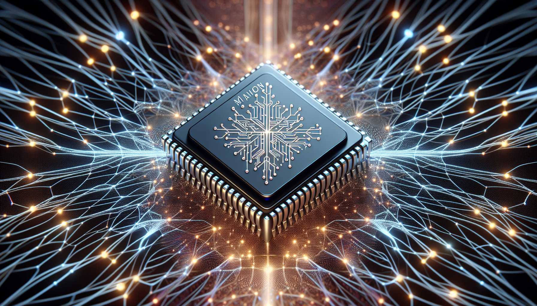 an abstract image of a shiny new M4 chip with neural network patterns in the background