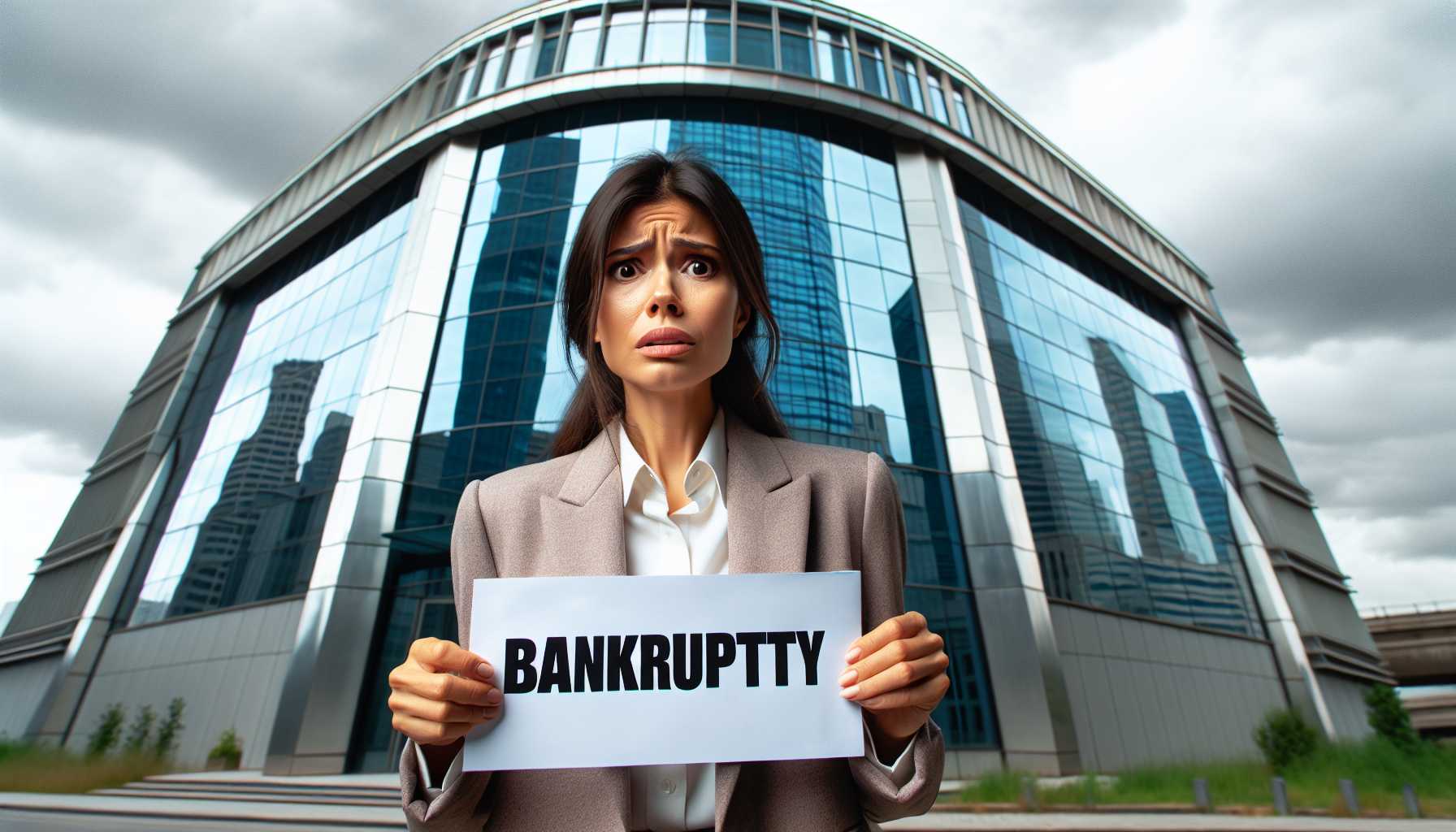 A confused founder holding a 'bankruptcy' sign standing outside a modern office building