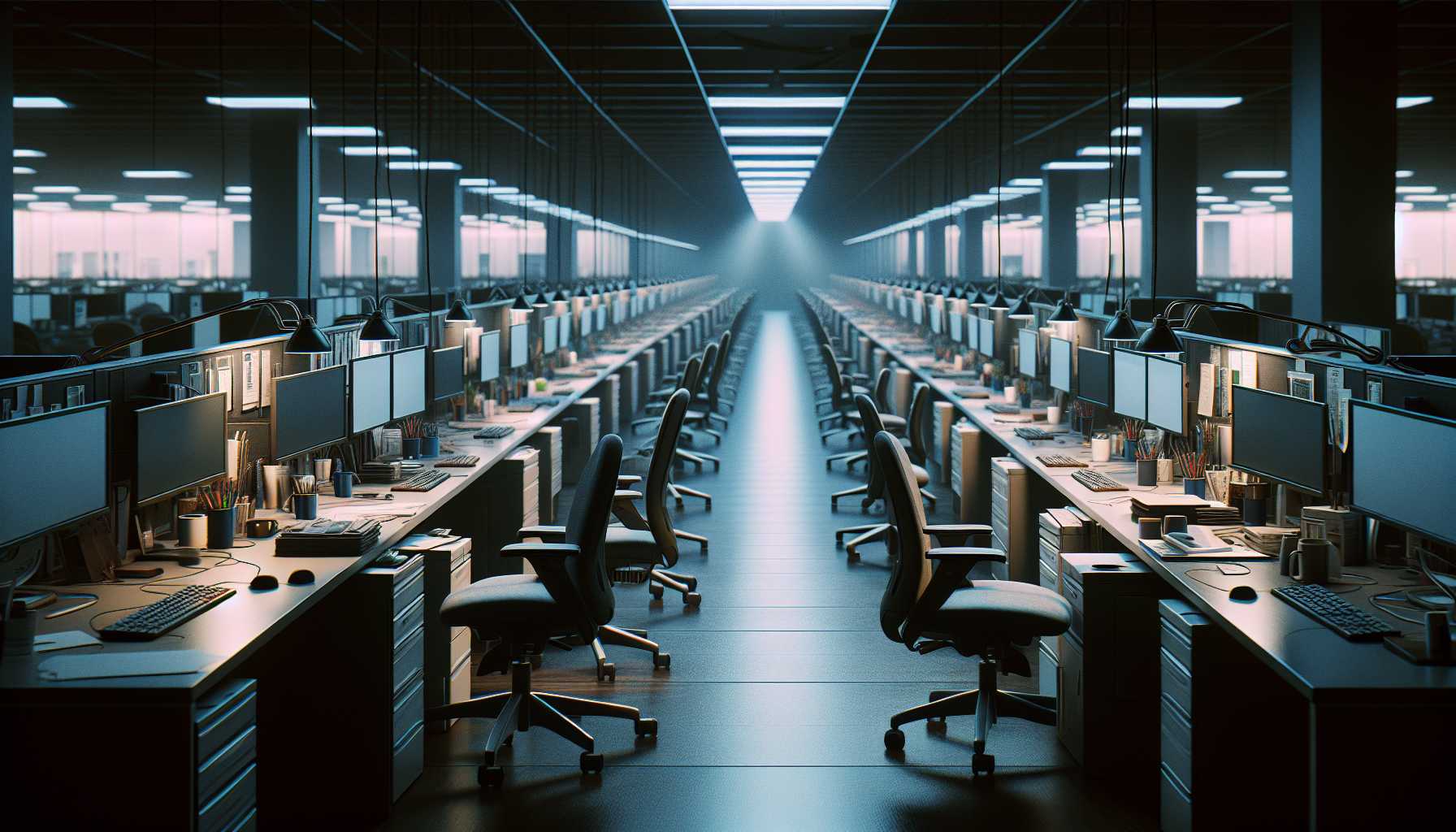 A row of empty desks representing layoffs in a tech company office