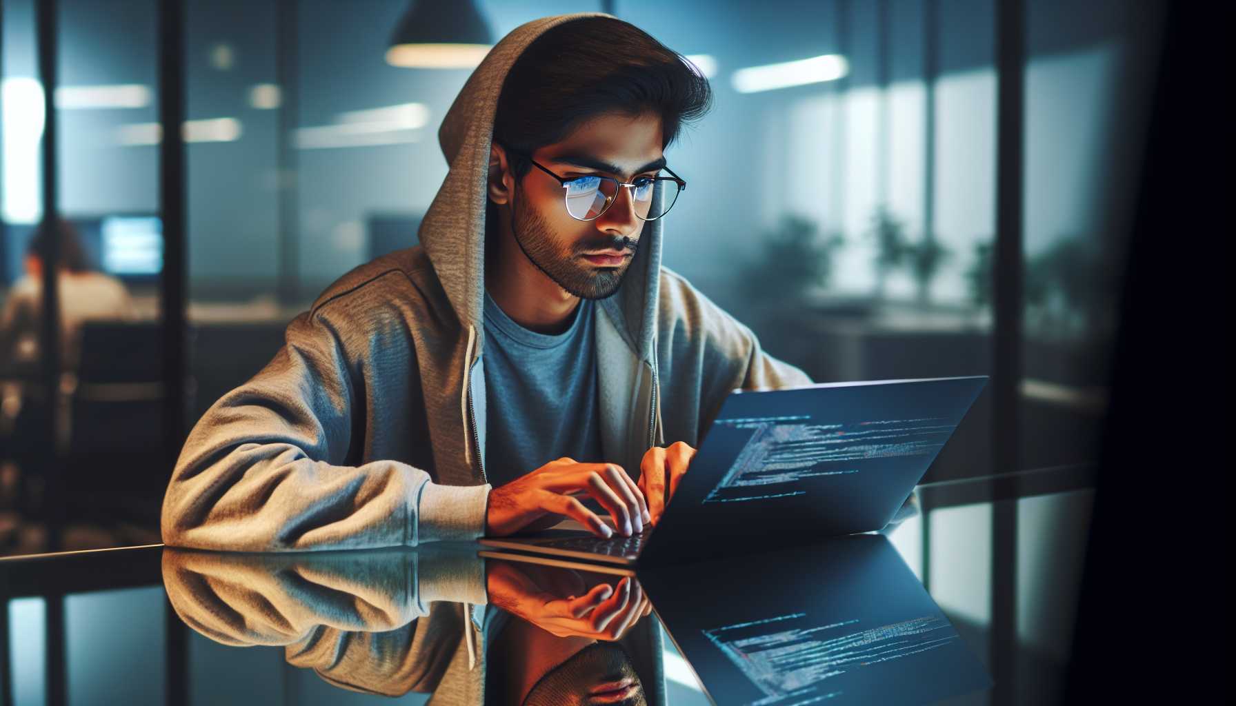 A reflective tech entrepreneur contemplating in front of a laptop