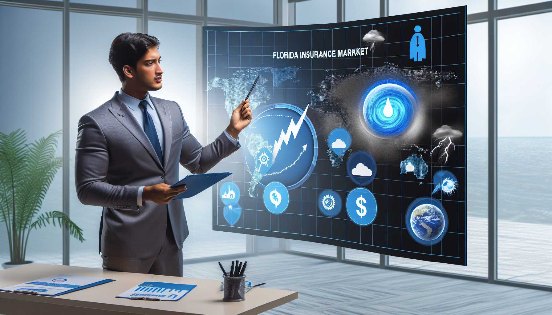 Ajit Jain explaining points on a Florida insurance market chart with storm icons