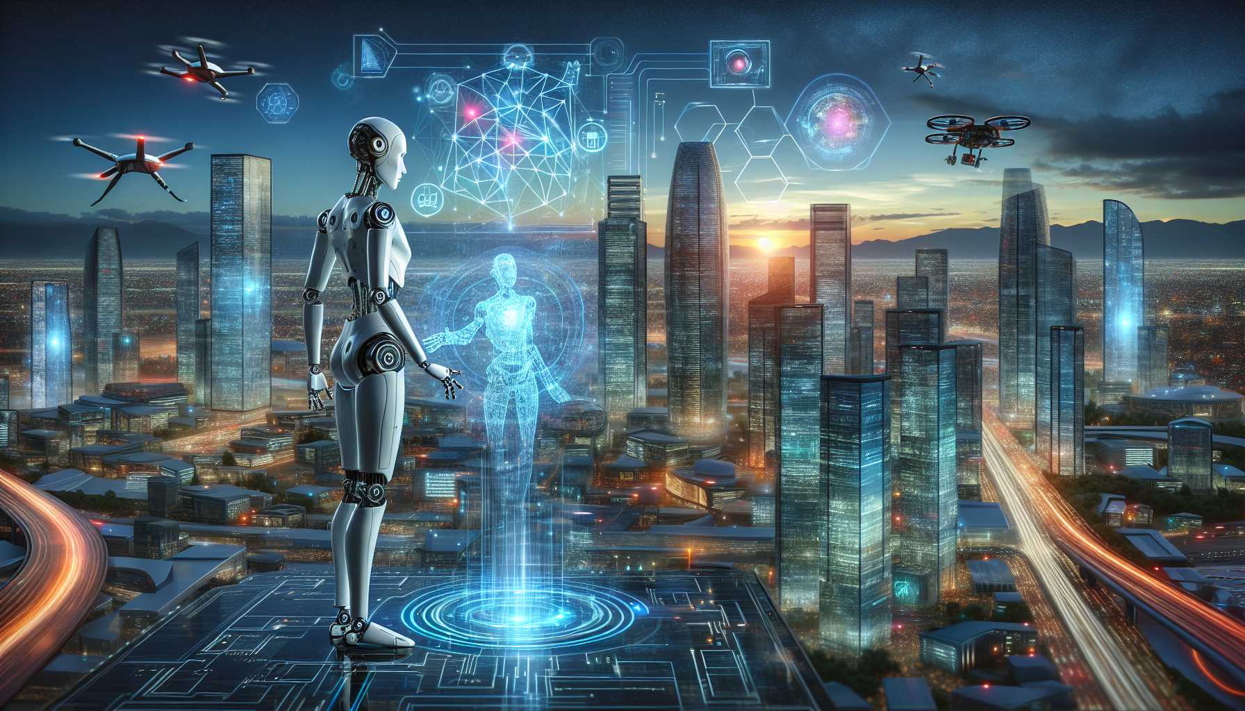 dawn of a new era in AI and computing with a futuristic cityscape backdrop