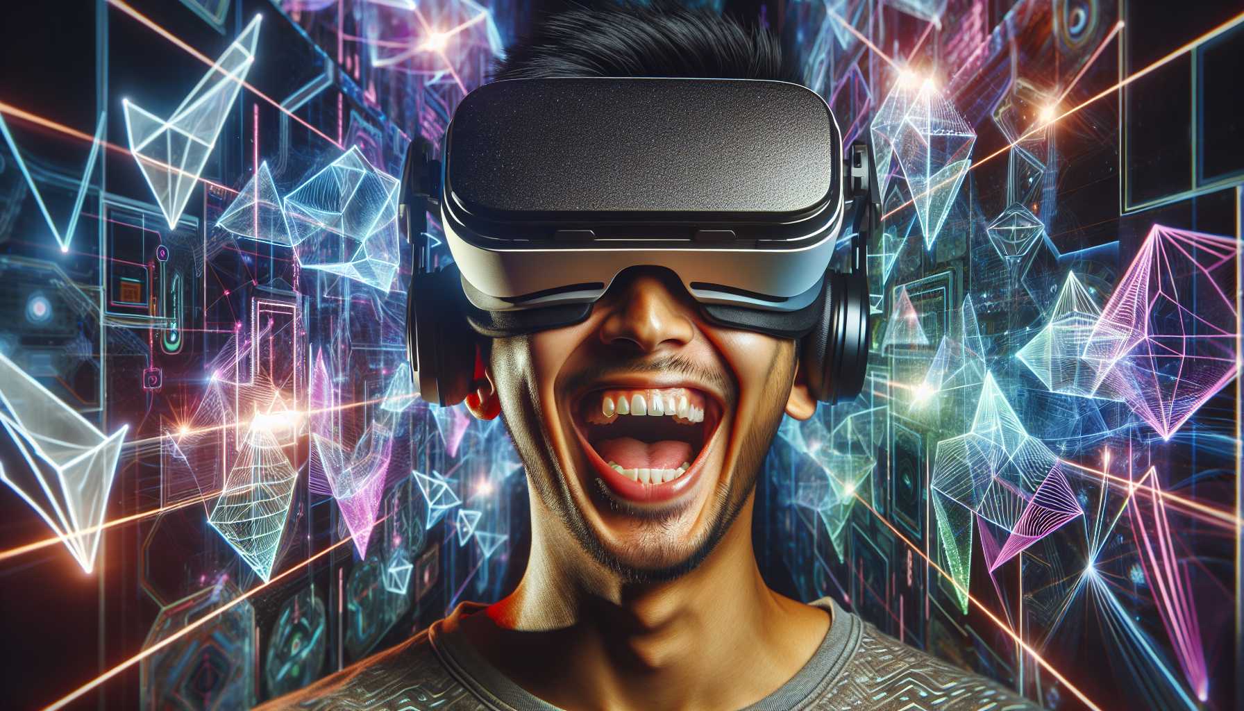 A person wearing a VR headset and smiling in a futuristic setting