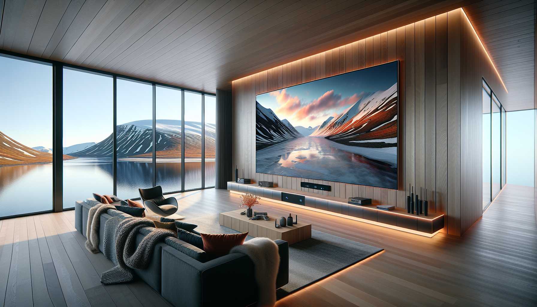 A modern living room in Svalbard with a large smart TV mounted on the wall, surrounded by comfortable furniture and featuring large windows showcasing the stunning Arctic landscape.