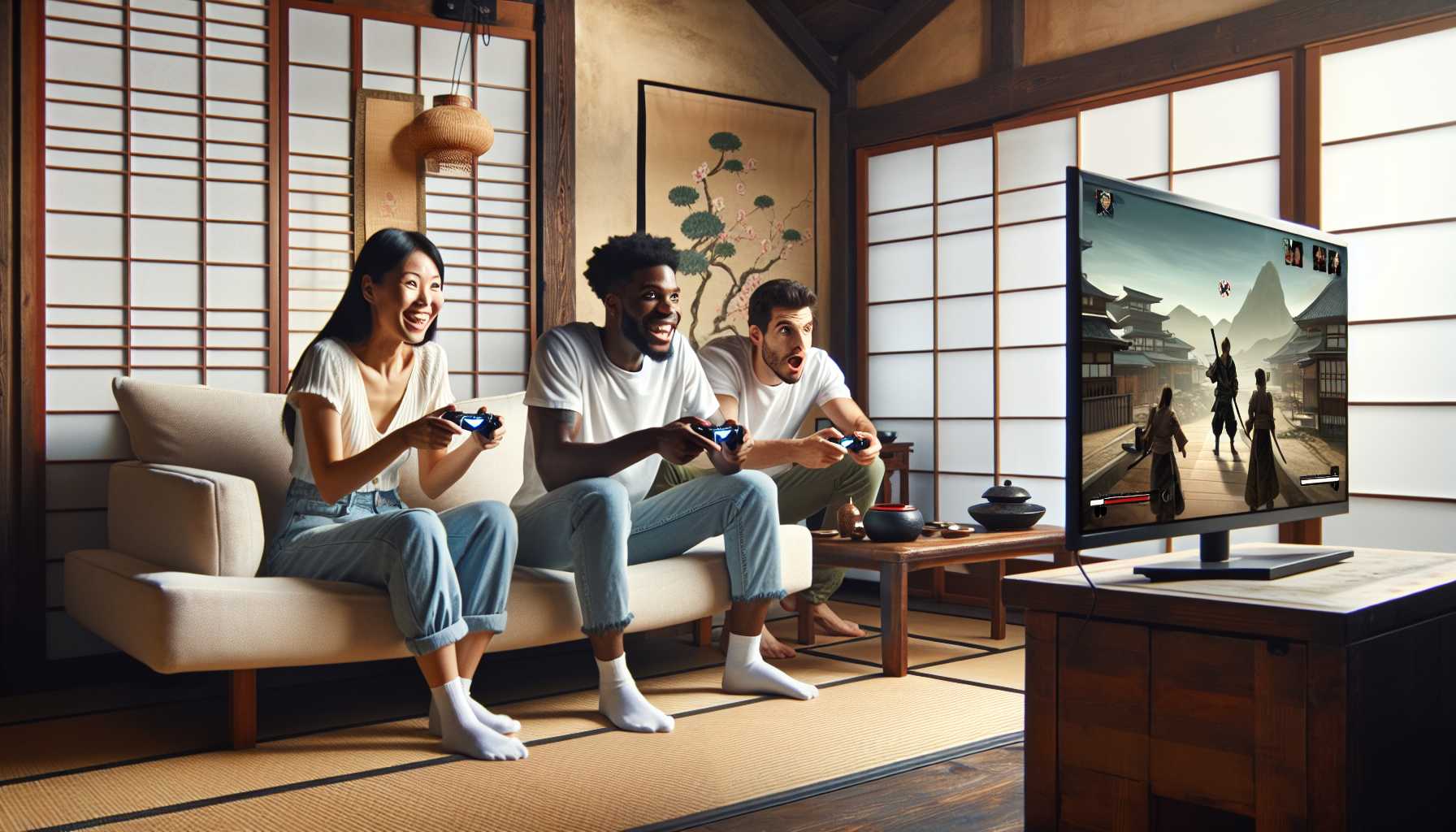 A group of friends playing video games on a console in a living room in Japan