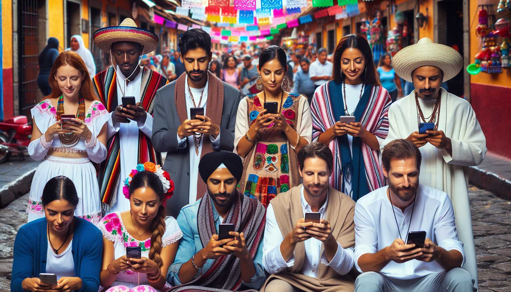 A group of people in Mexico using their smartphones to book travel