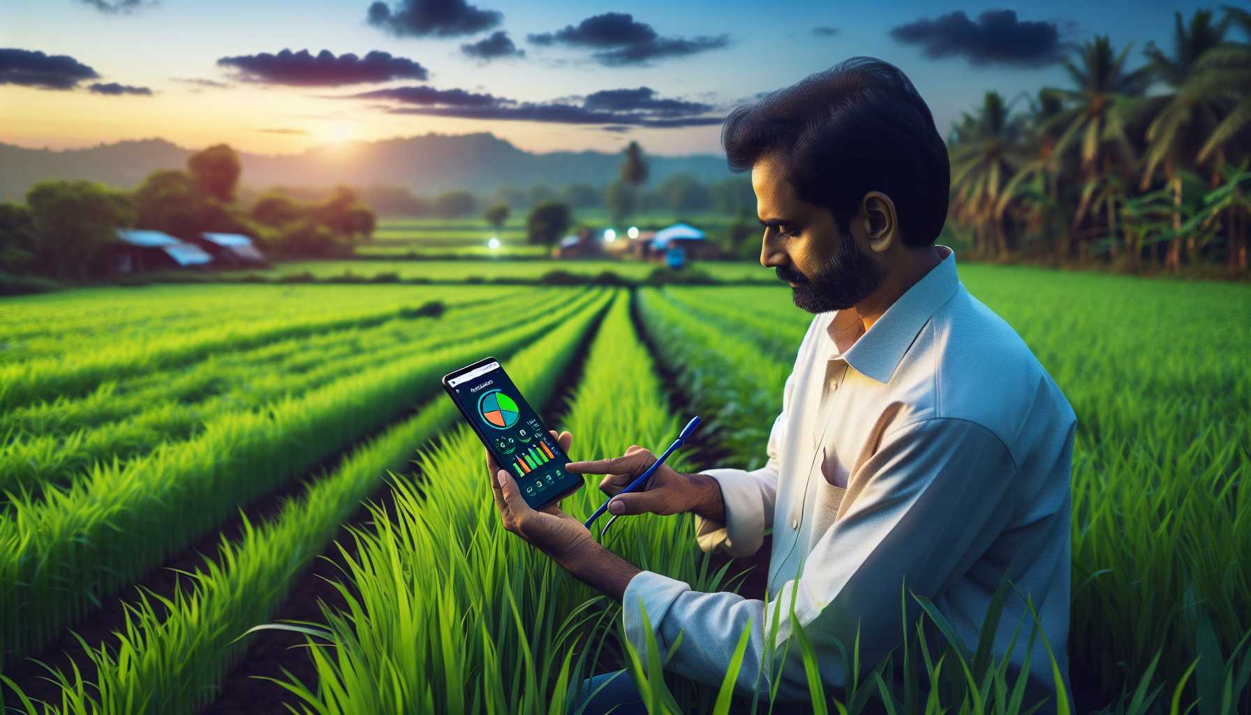 A farmer in rural India using a smartphone app to monitor crop health.