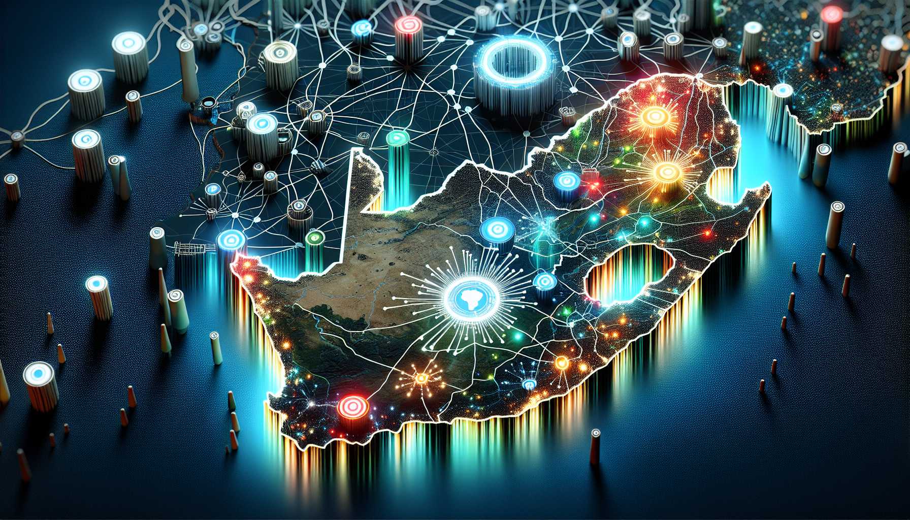 A map of South Africa highlighting urban areas with high-speed internet connections.