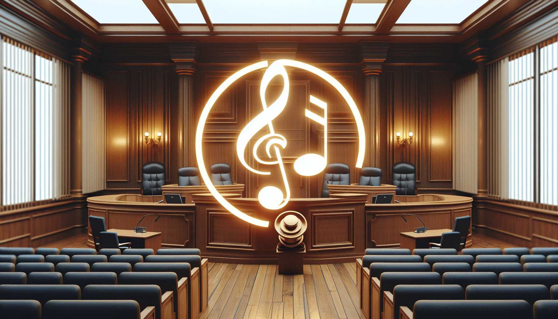 TikTok logo with a courtroom background