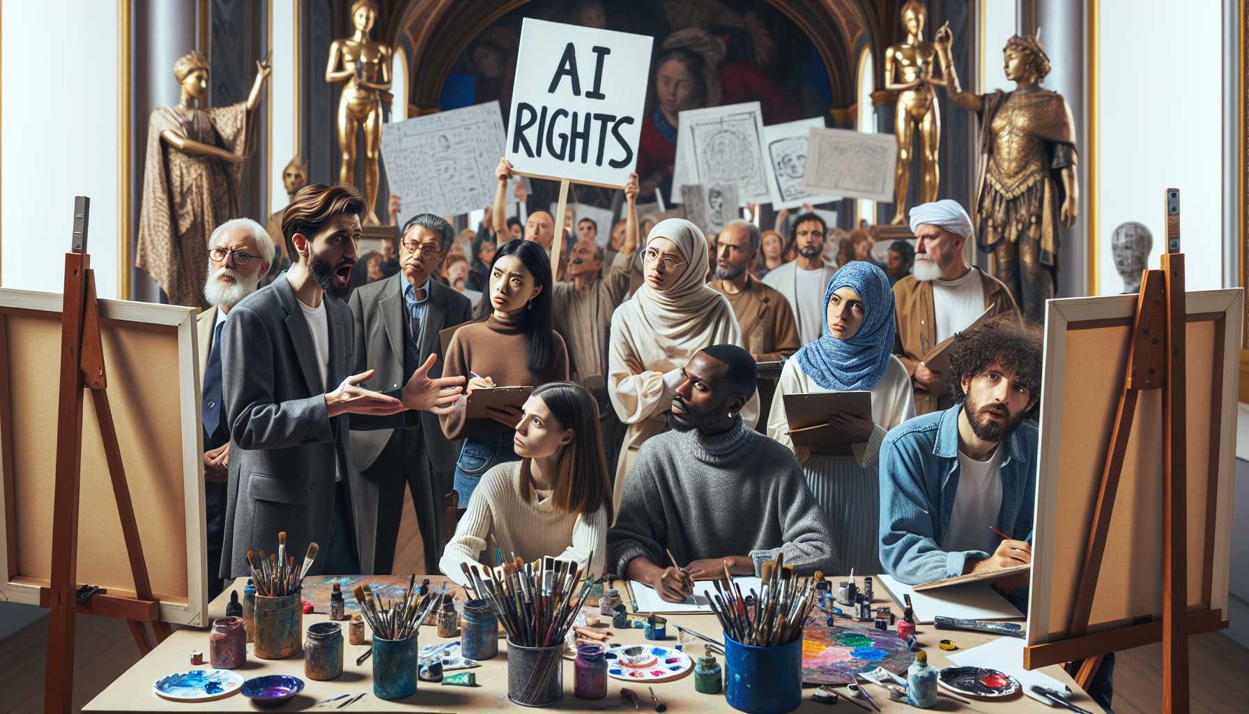 Artists in a town hall meeting expressing their rights regarding AI