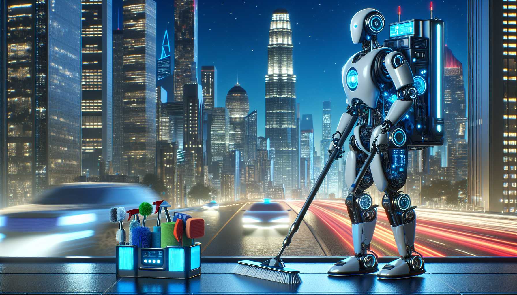 A futuristic robot with cleaning equipment against the backdrop of a city skyline