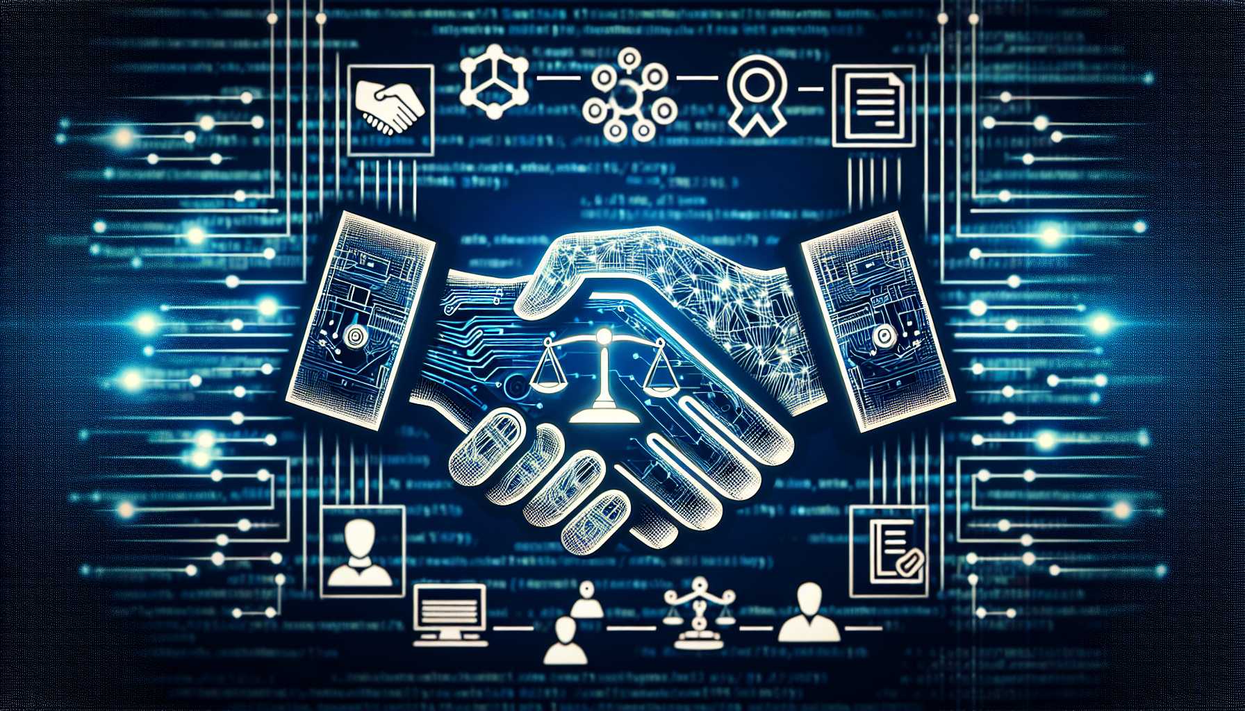 Digital handshake representing ethical AI development agreements between tech companies and content providers