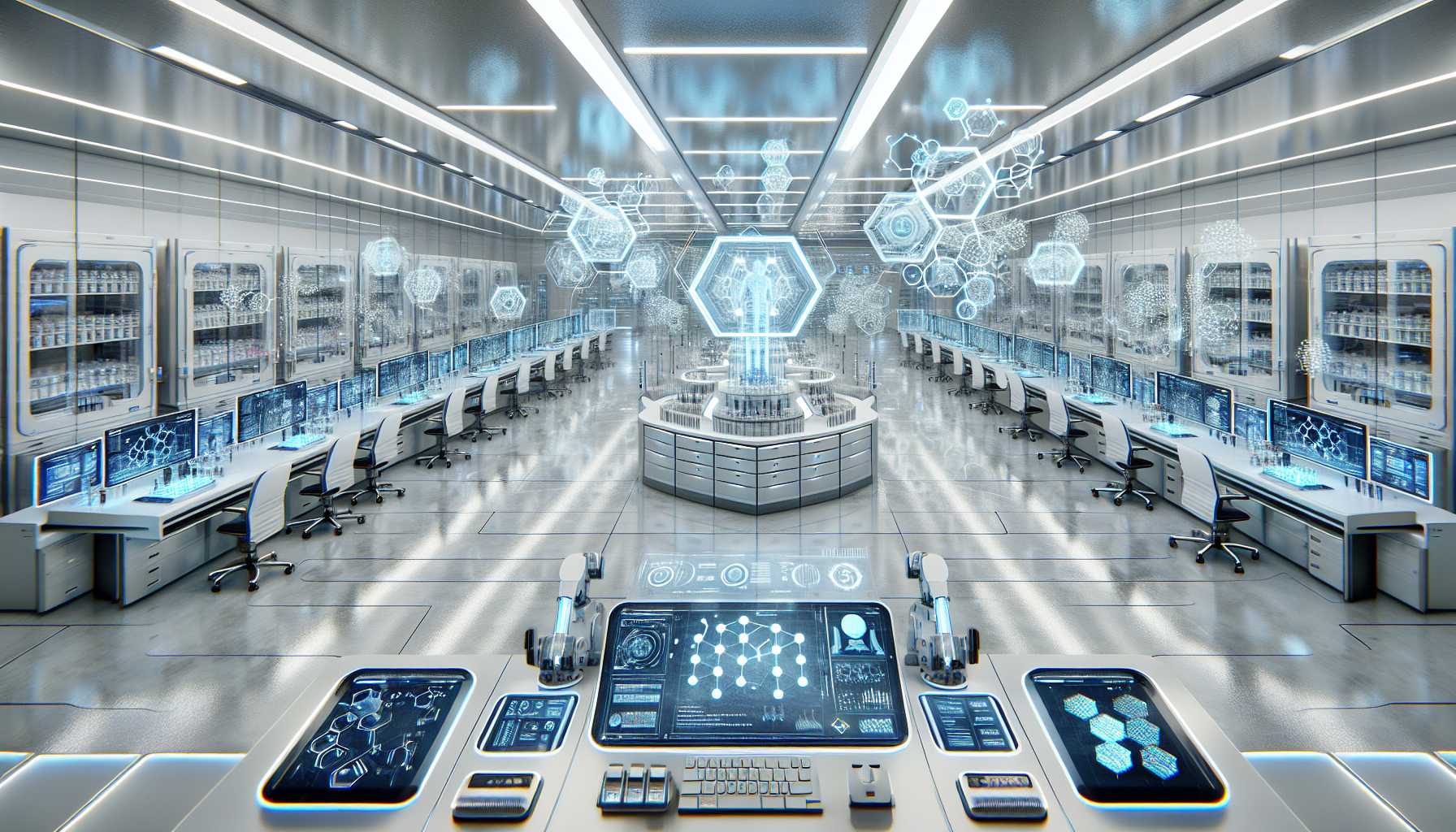 a futuristic pharmaceutical laboratory with AI interfaces