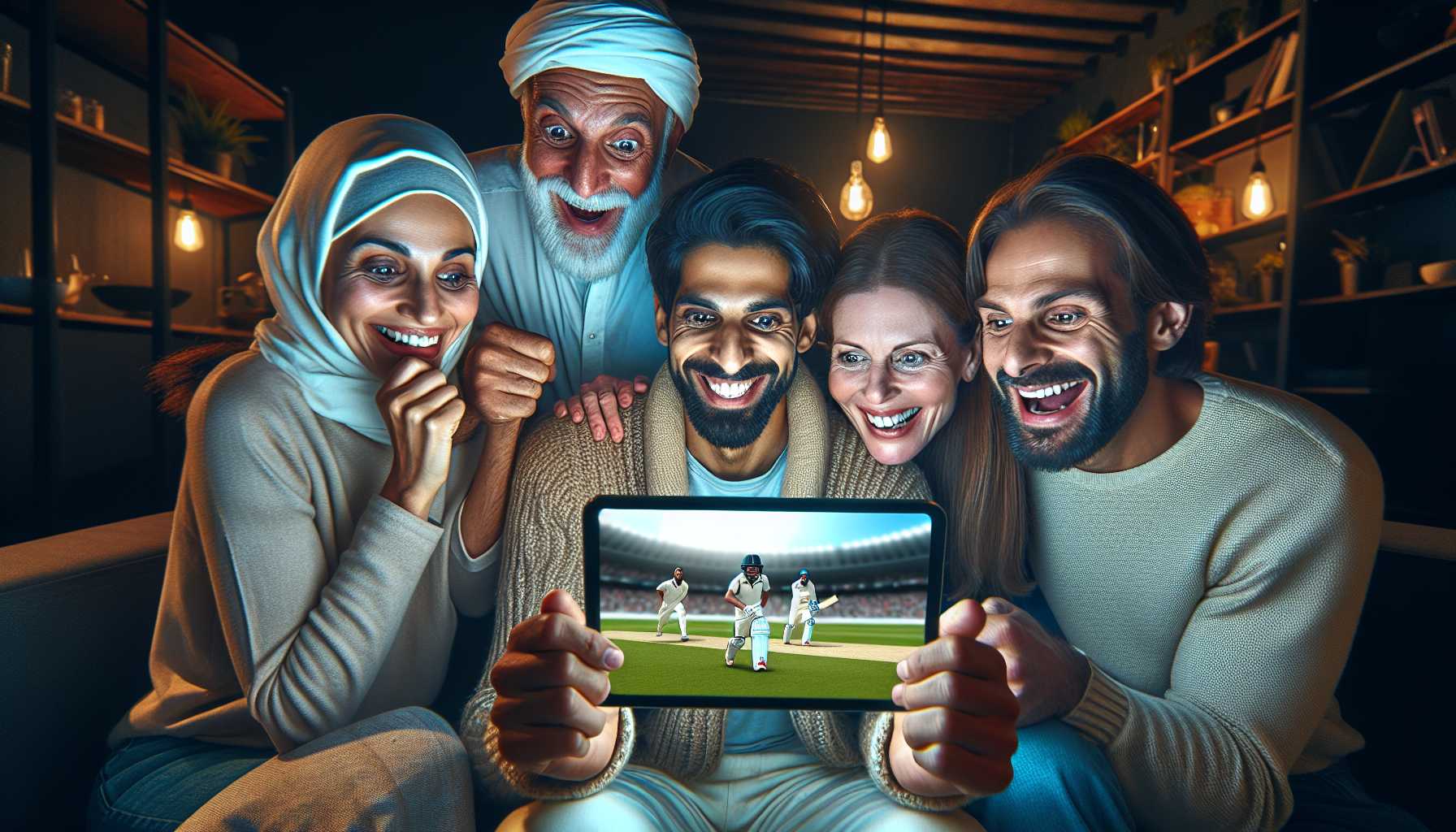 enthusiastic cricket fans watching a live match on a digital device