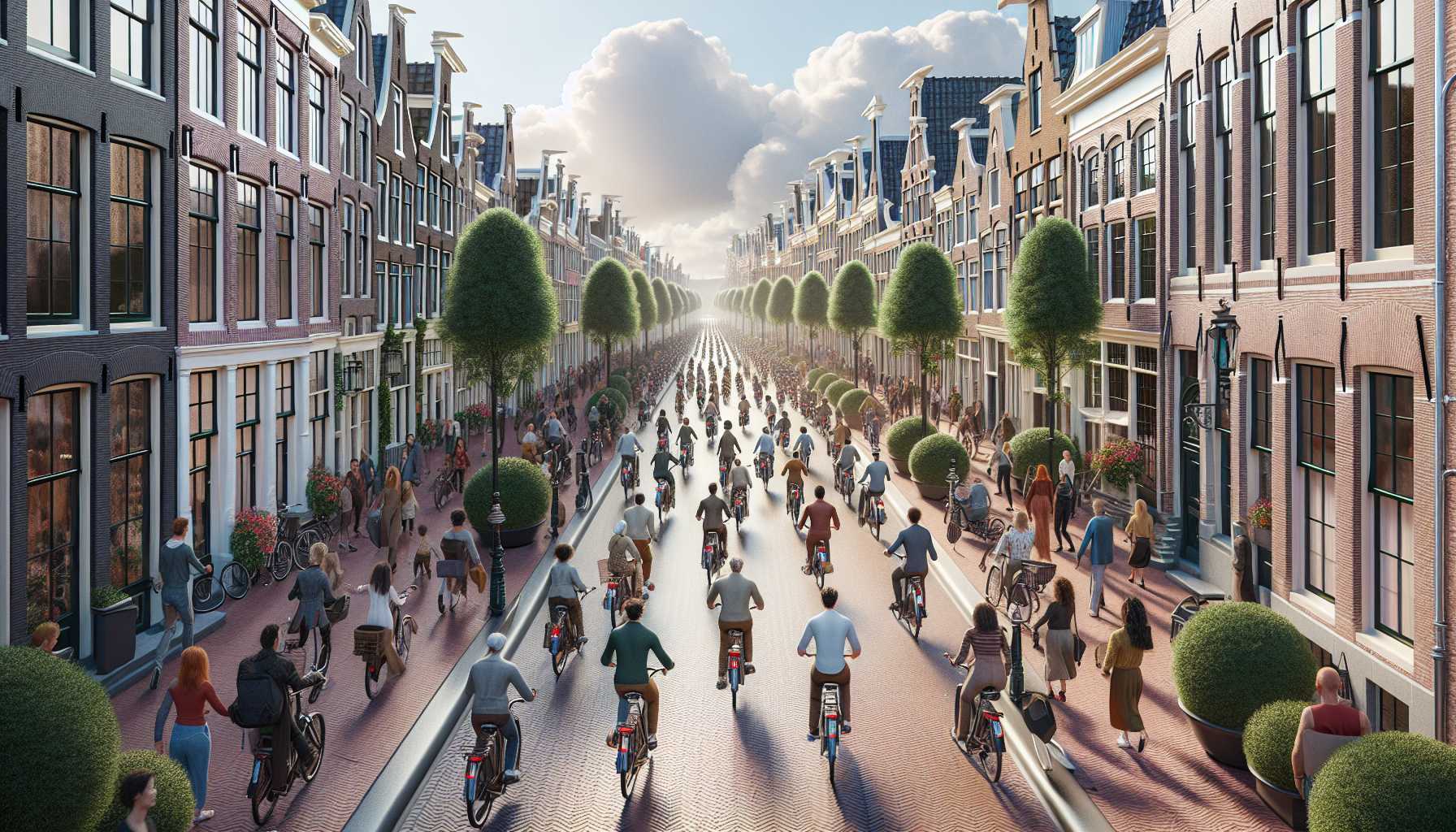 A photorealistic image of a street in the Netherlands filled with people riding electric bicycles