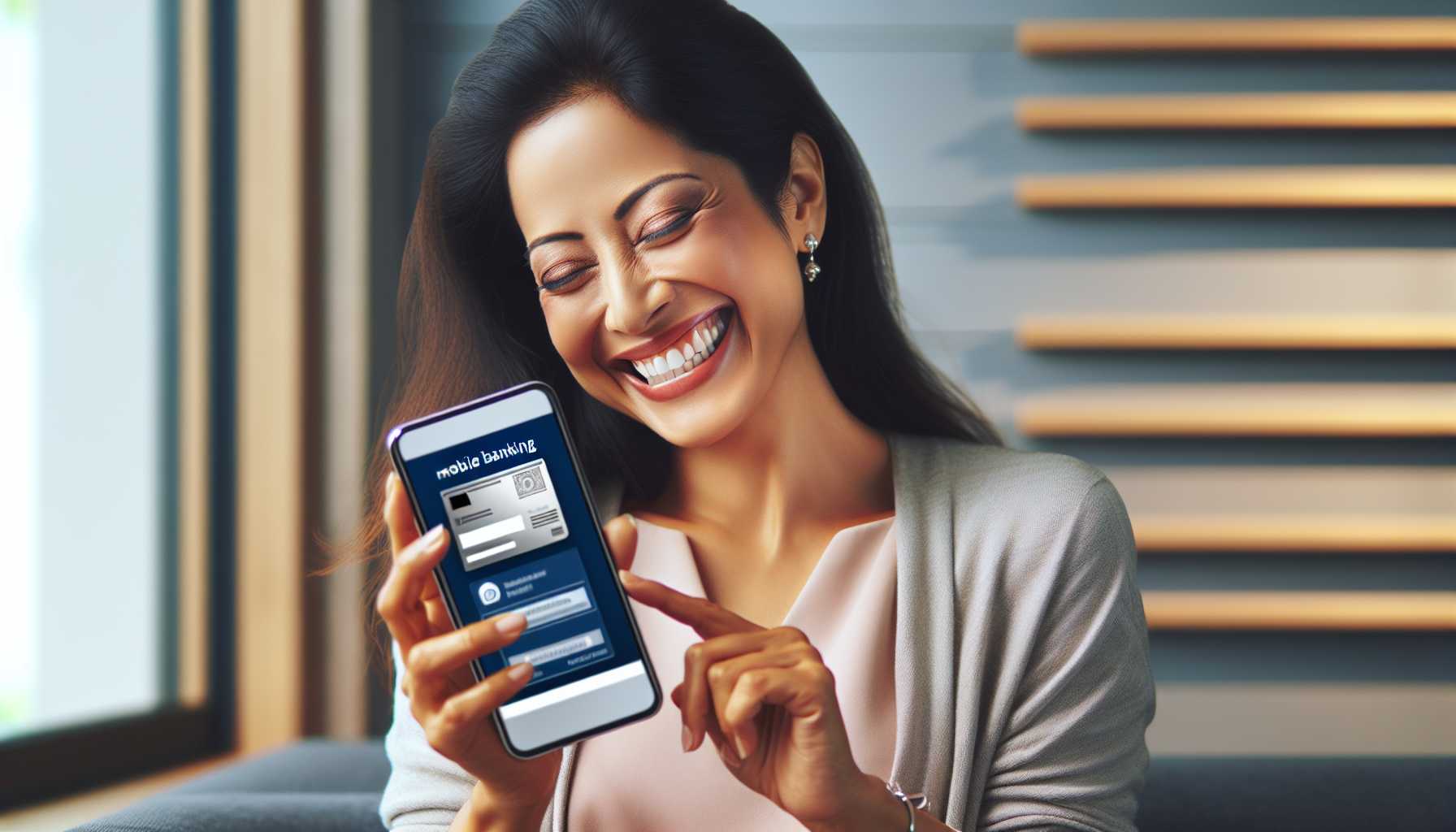 Person using a mobile banking app with a smile on their face