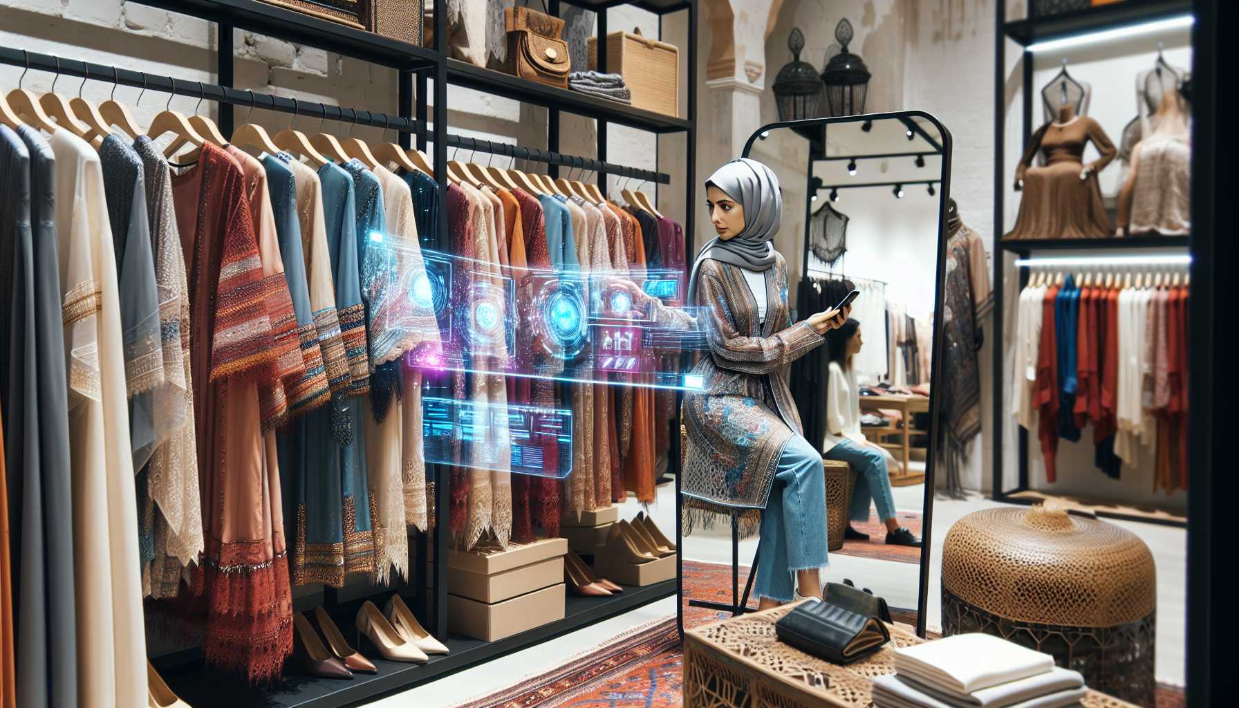 A person using a smartphone to virtually try on clothes in a retail store