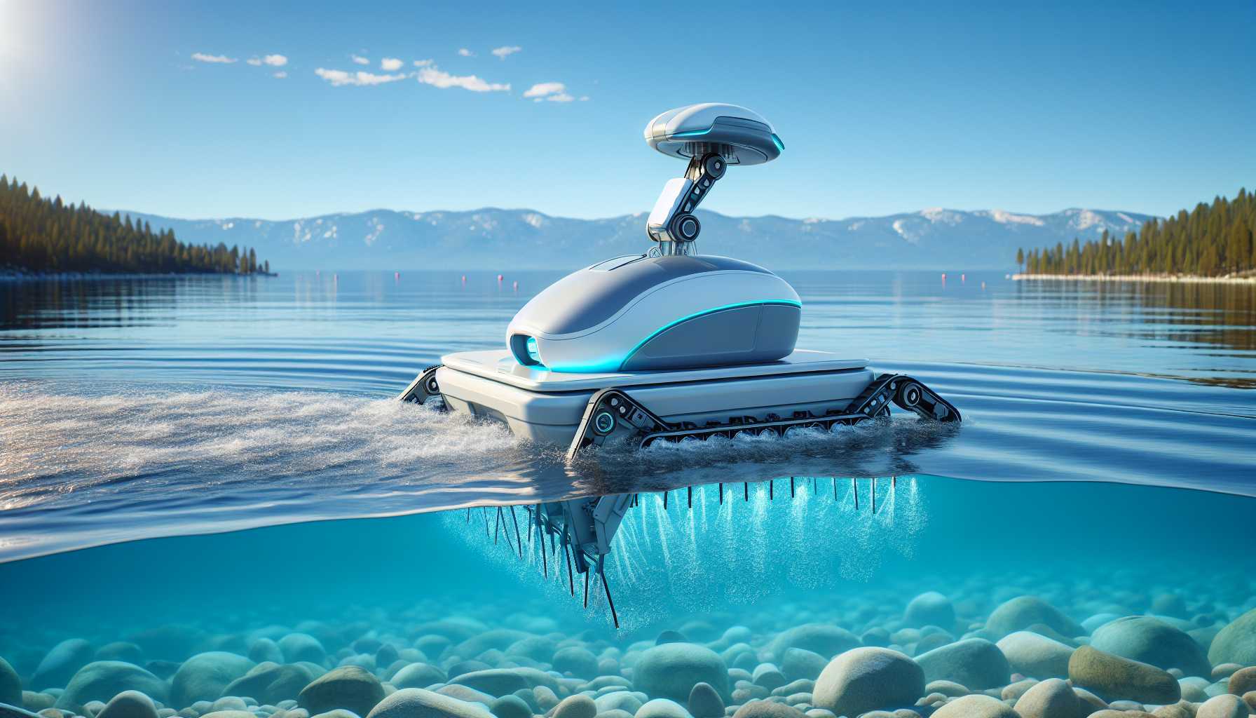 Robotic cleaner collecting trash in Lake Tahoe