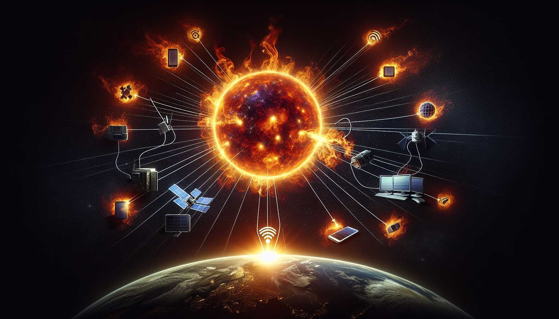 Representation of a solar flare affecting Earth's technology