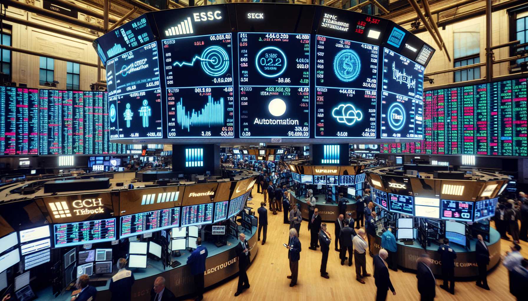 A bustling Nasdaq stock floor with screens featuring trending tech stocks like Alphabet, PubMatic, NOV, and Block