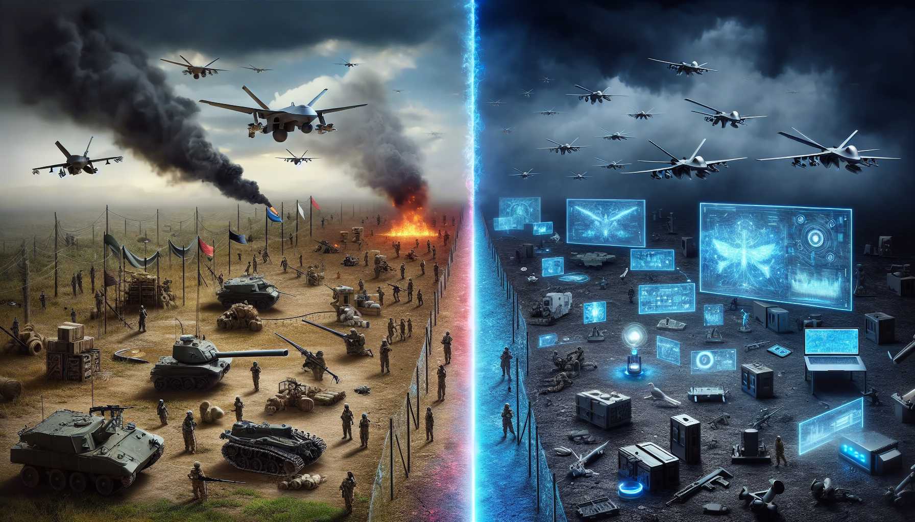 an artistic interpretation of technology serving as a wartime defense with digital and traditional warfare elements