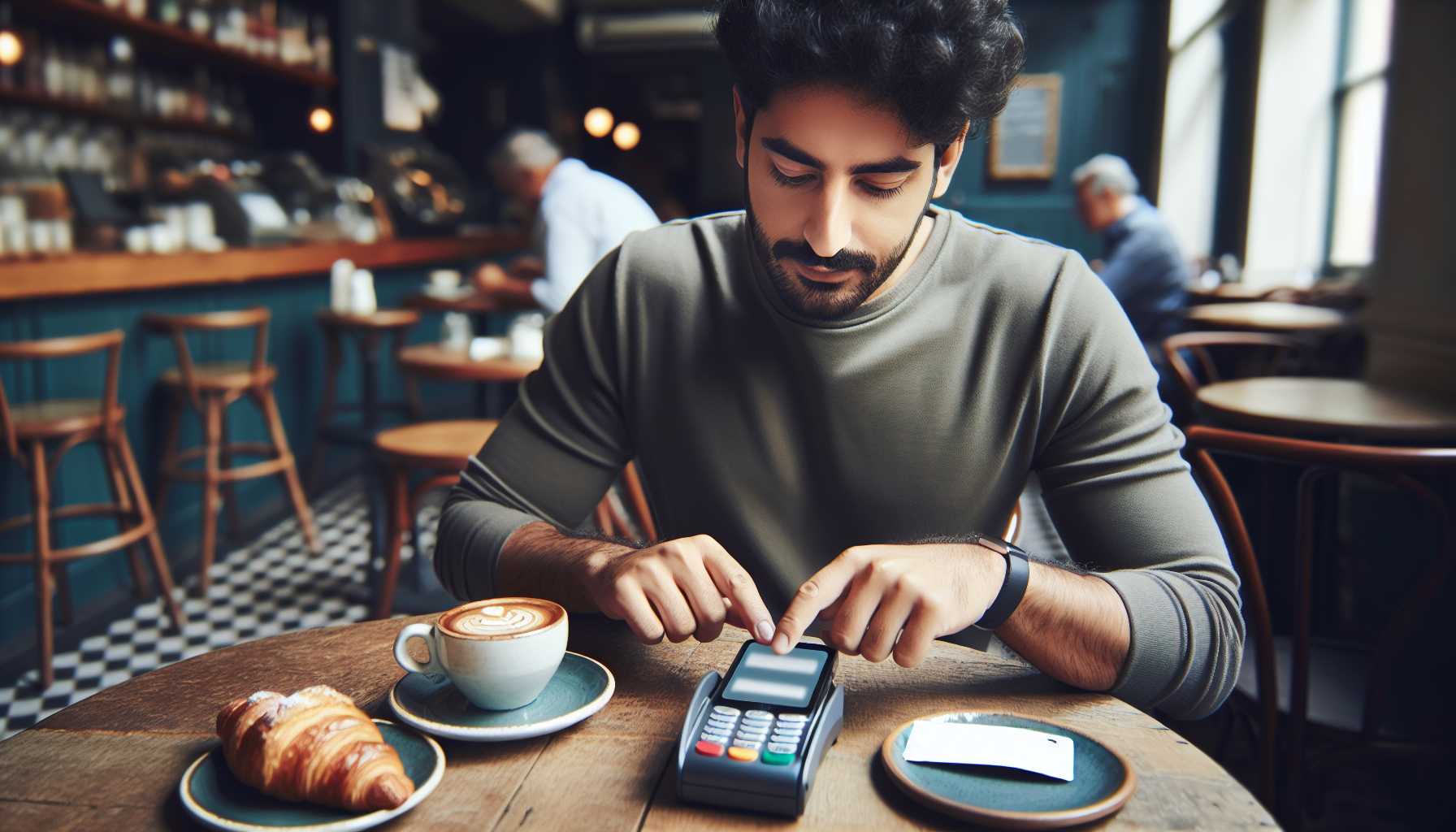 A person using a smartphone to make an online payment in a cafe.