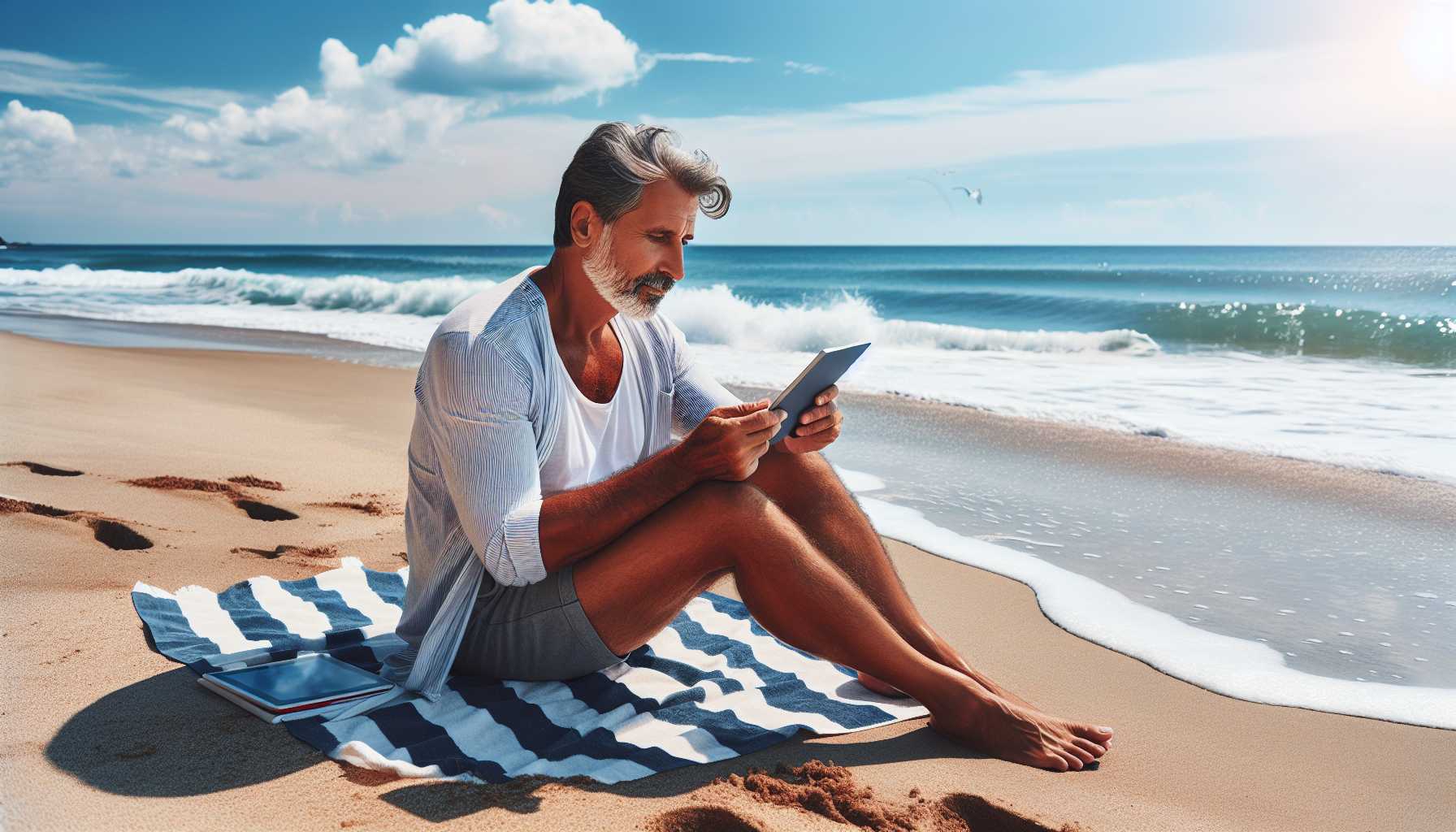 Person reading an e-reader on a beach