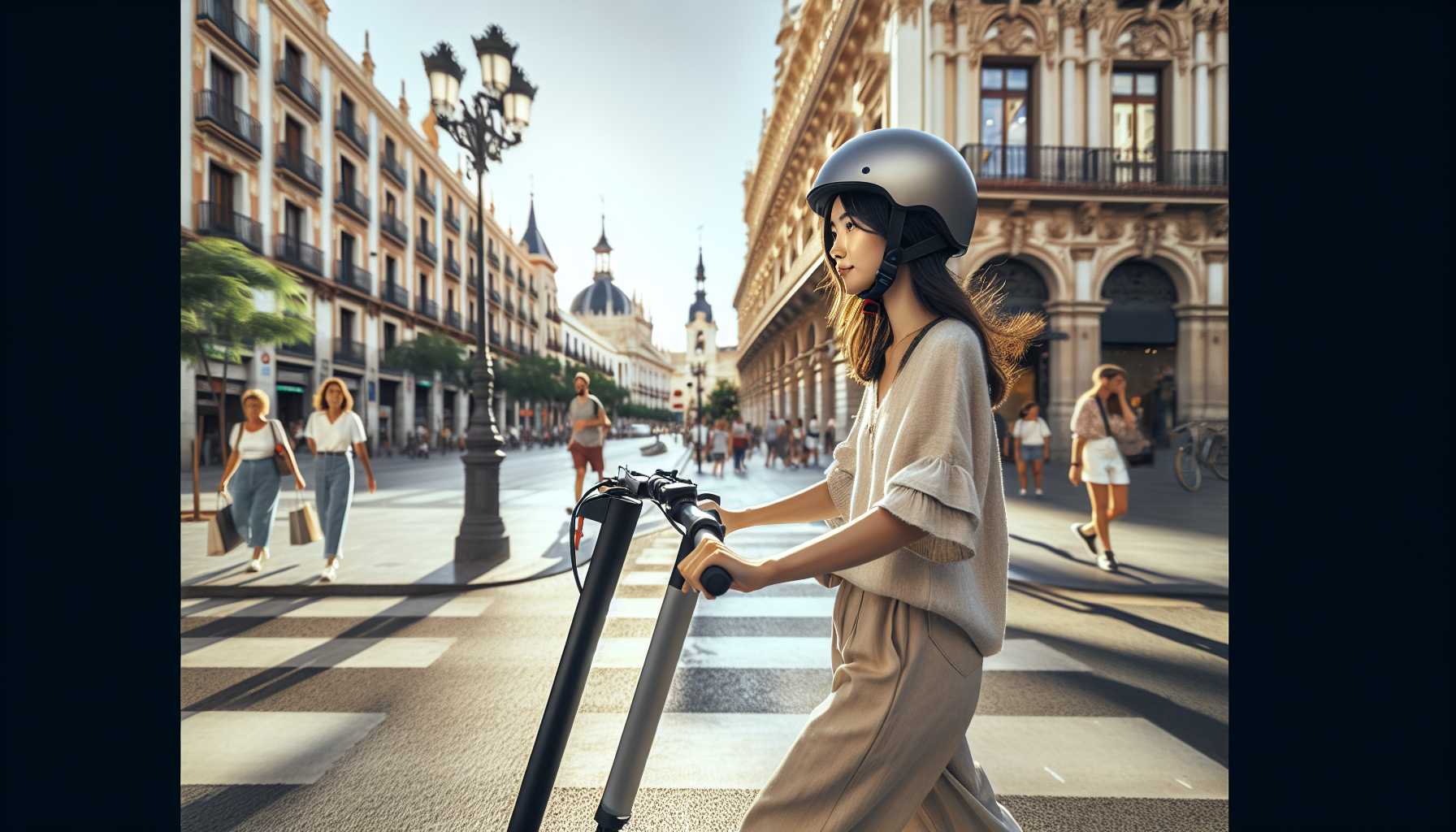 A person riding an electric scooter in a busy city street in Spain