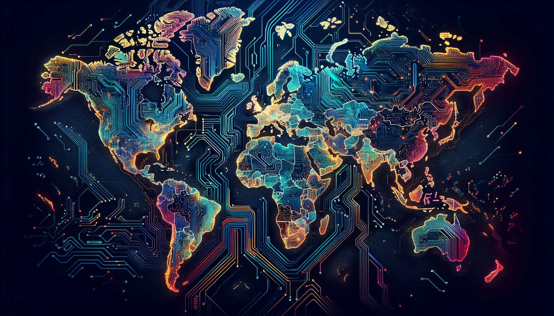 a geopolitical world map with chip circuitry overlay