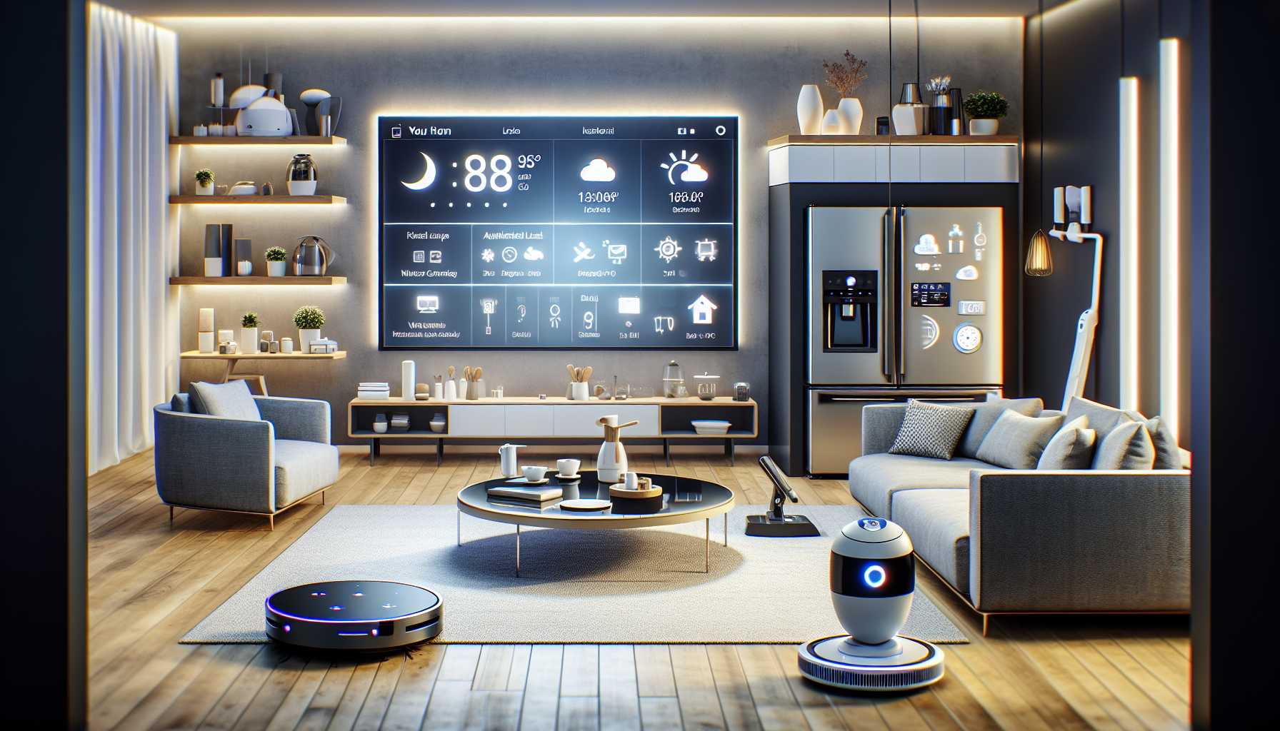 Modern living room with smart home appliances