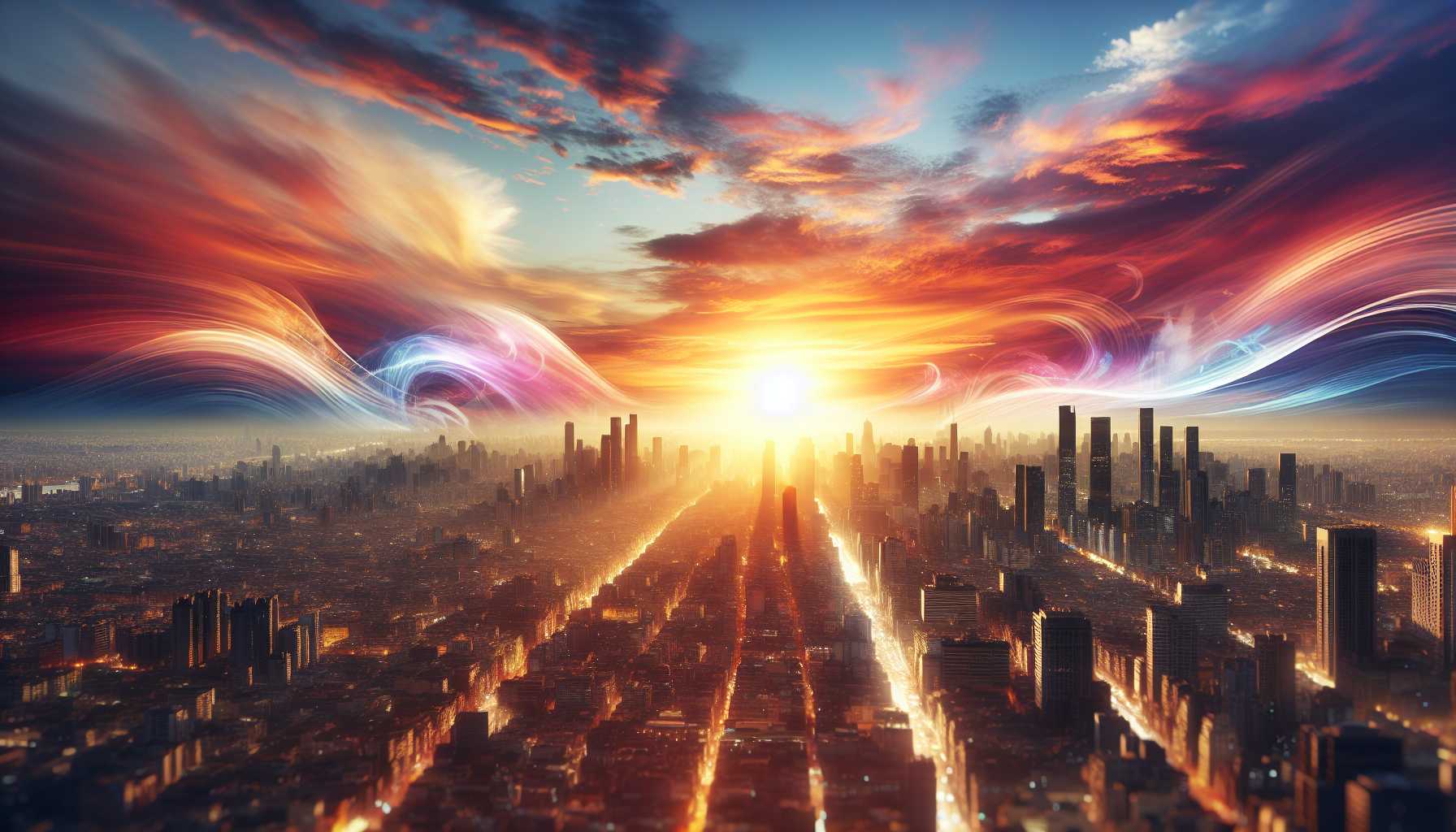 Bright future concept with sunrise over a cityscape