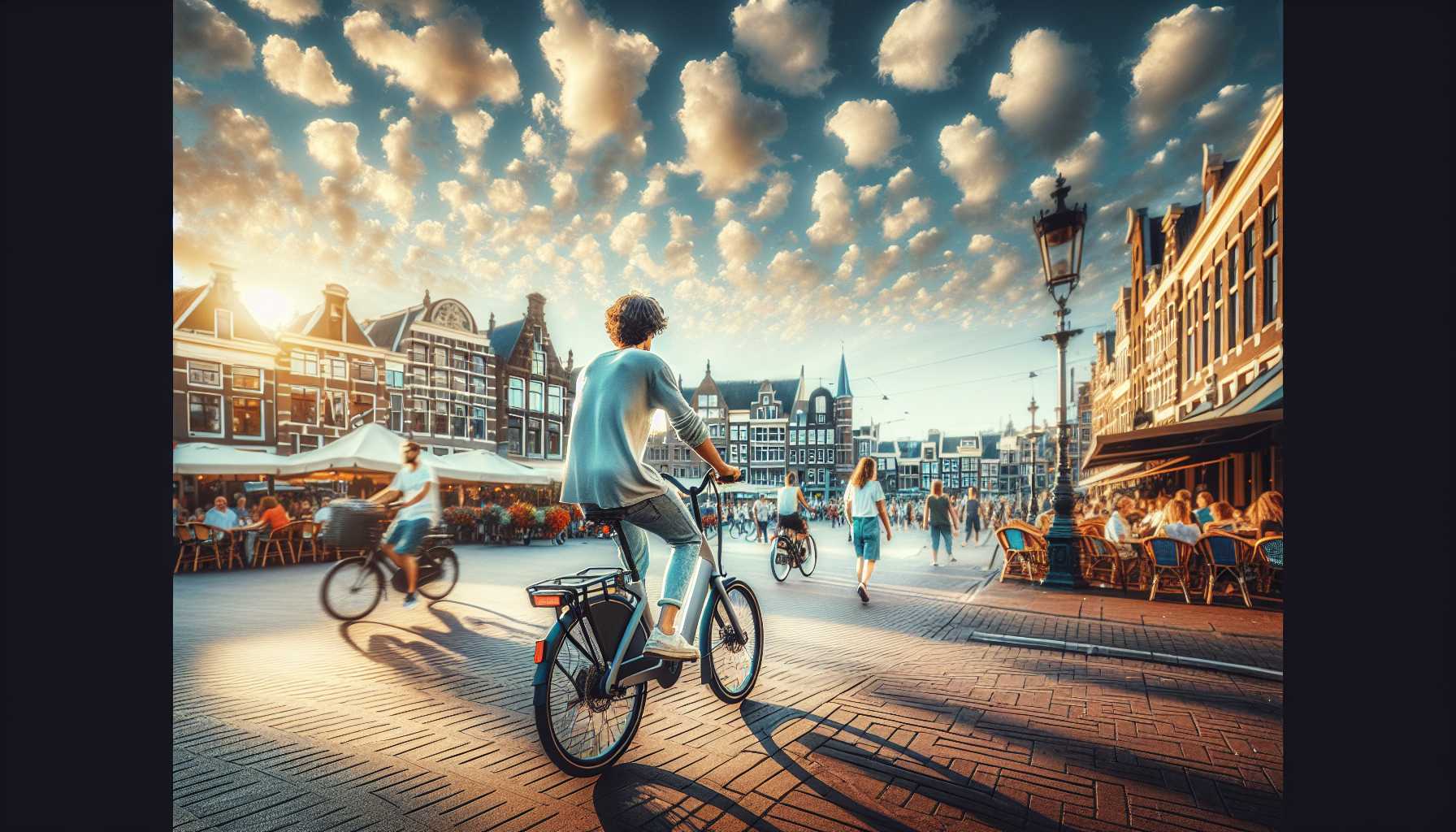 A person riding an electric bike through a bustling city street in the Netherlands.