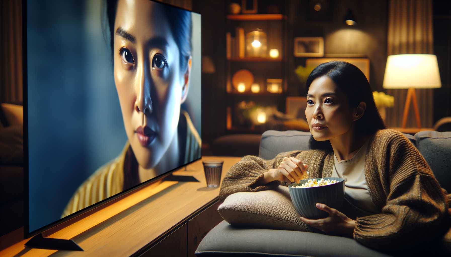 a person relaxing on a couch watching a movie on a large smart TV