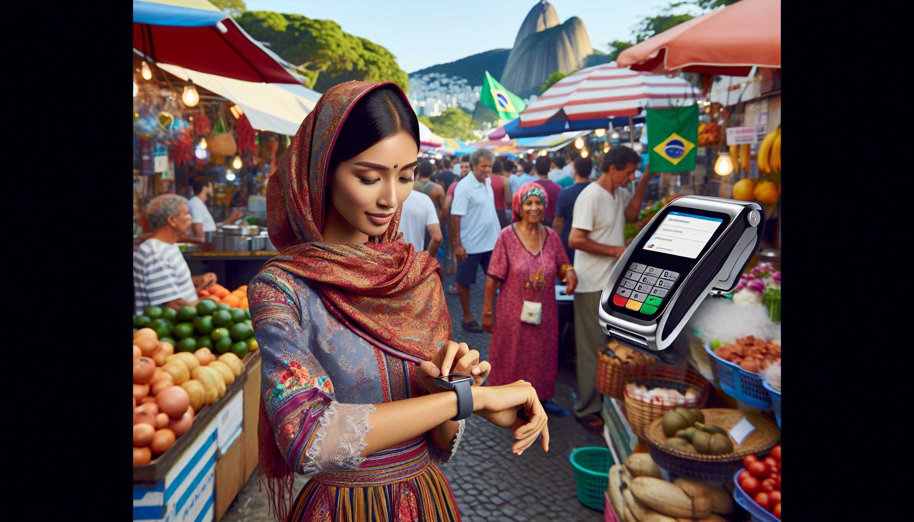 A person in Brazil using a smartwatch to make a mobile payment.