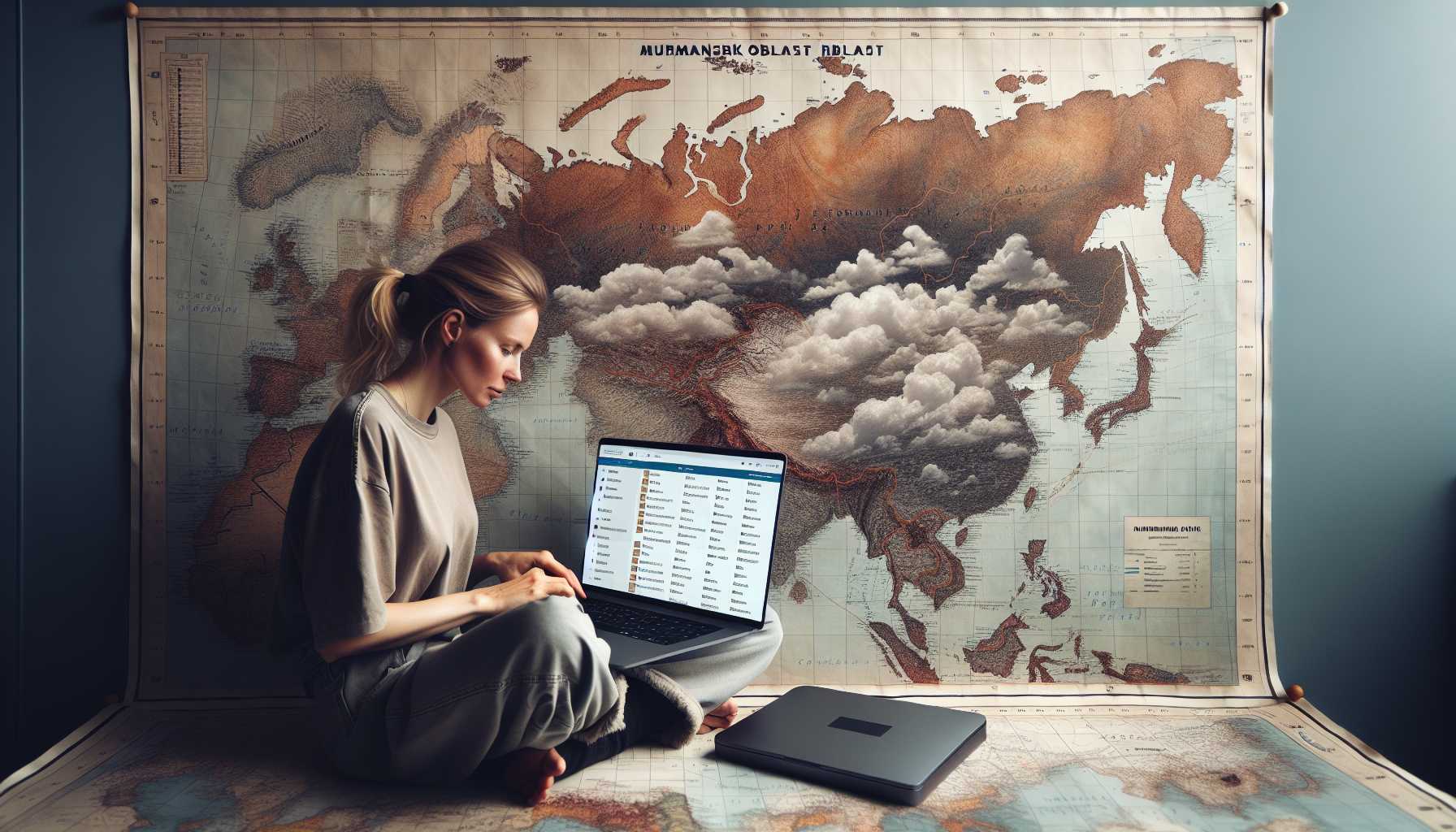 A person using a laptop with a cloud storage service open on the screen, with a map of Murmansk Oblast in the background.