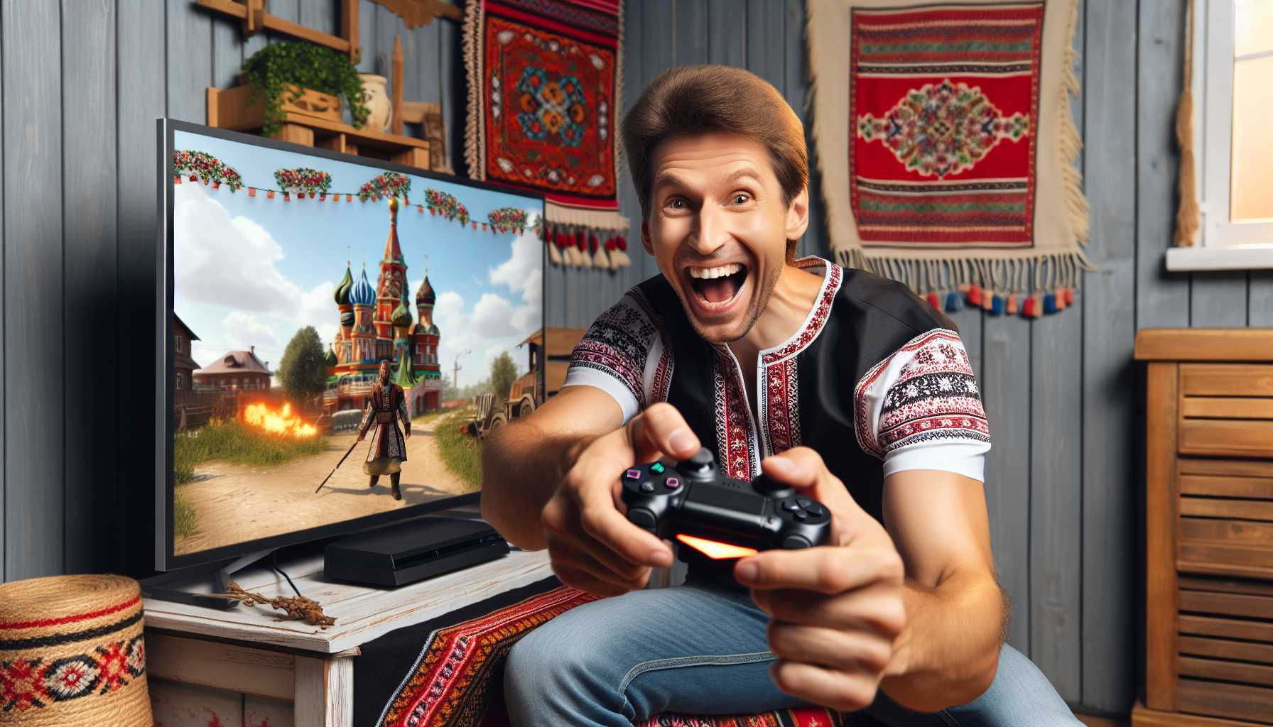 A person happily playing a video game on a console in Russia.