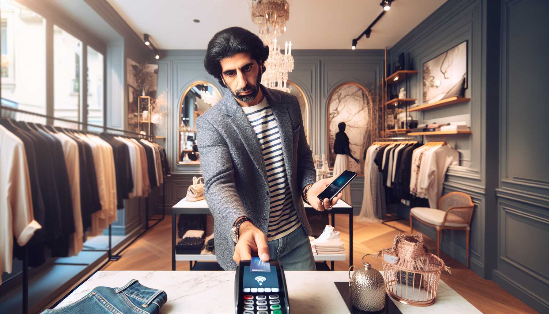 A person using their smartphone to make a contactless payment at a store in France.