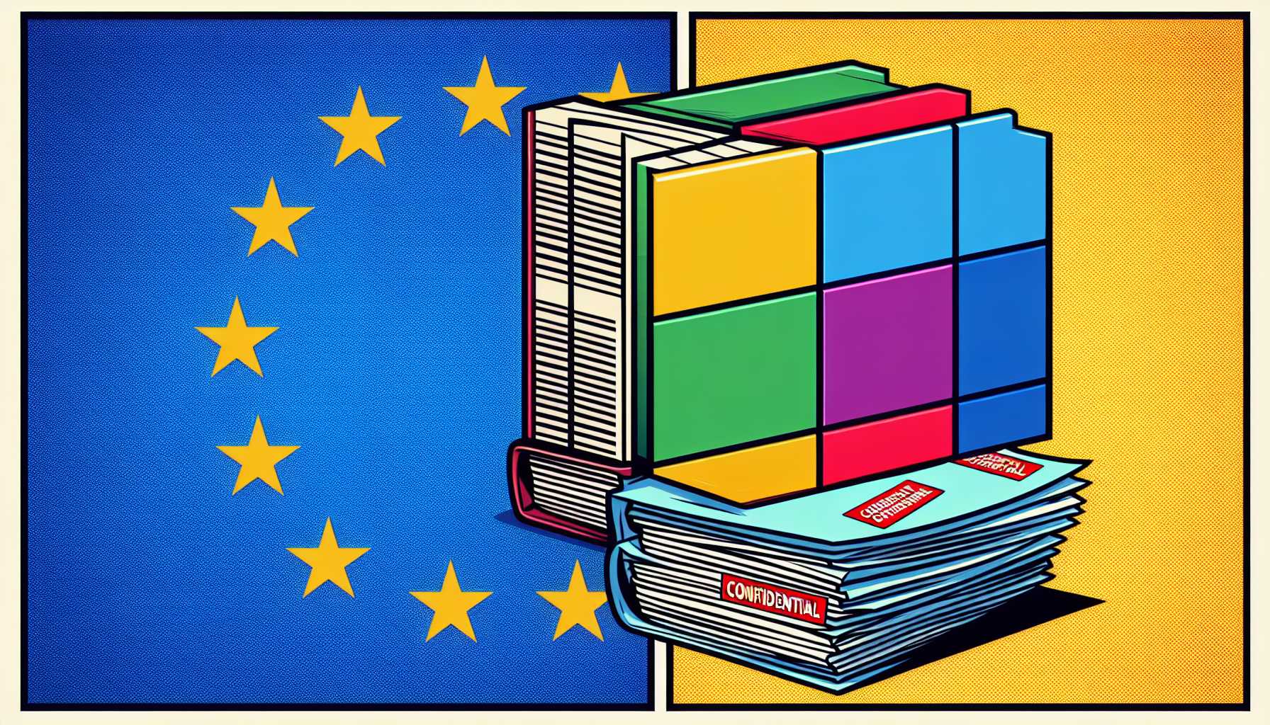 A European Union flag and Microsoft logo juxtaposed with regulatory documents