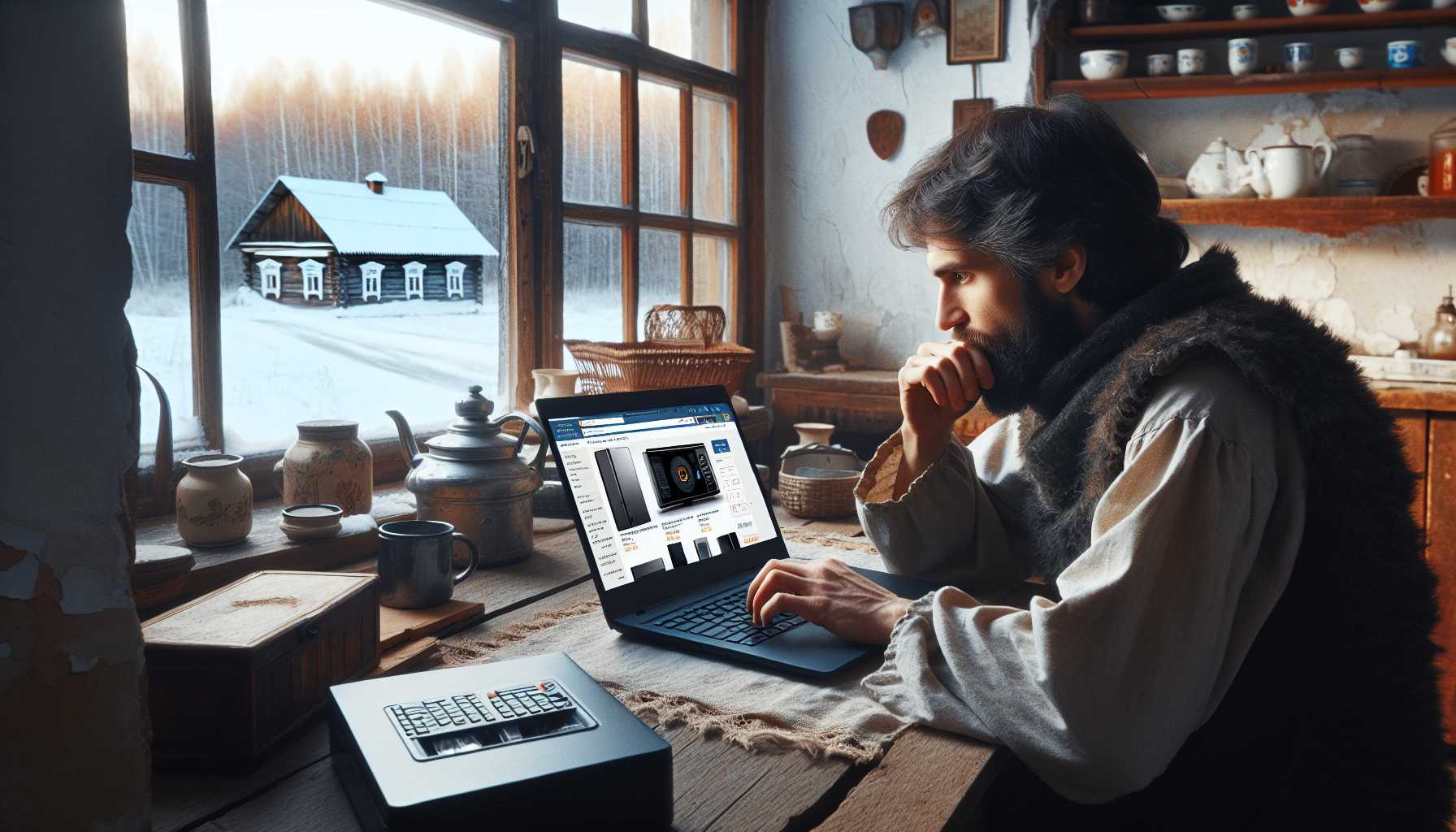 A person in Vladimir Oblast shopping online for electronics on their laptop.