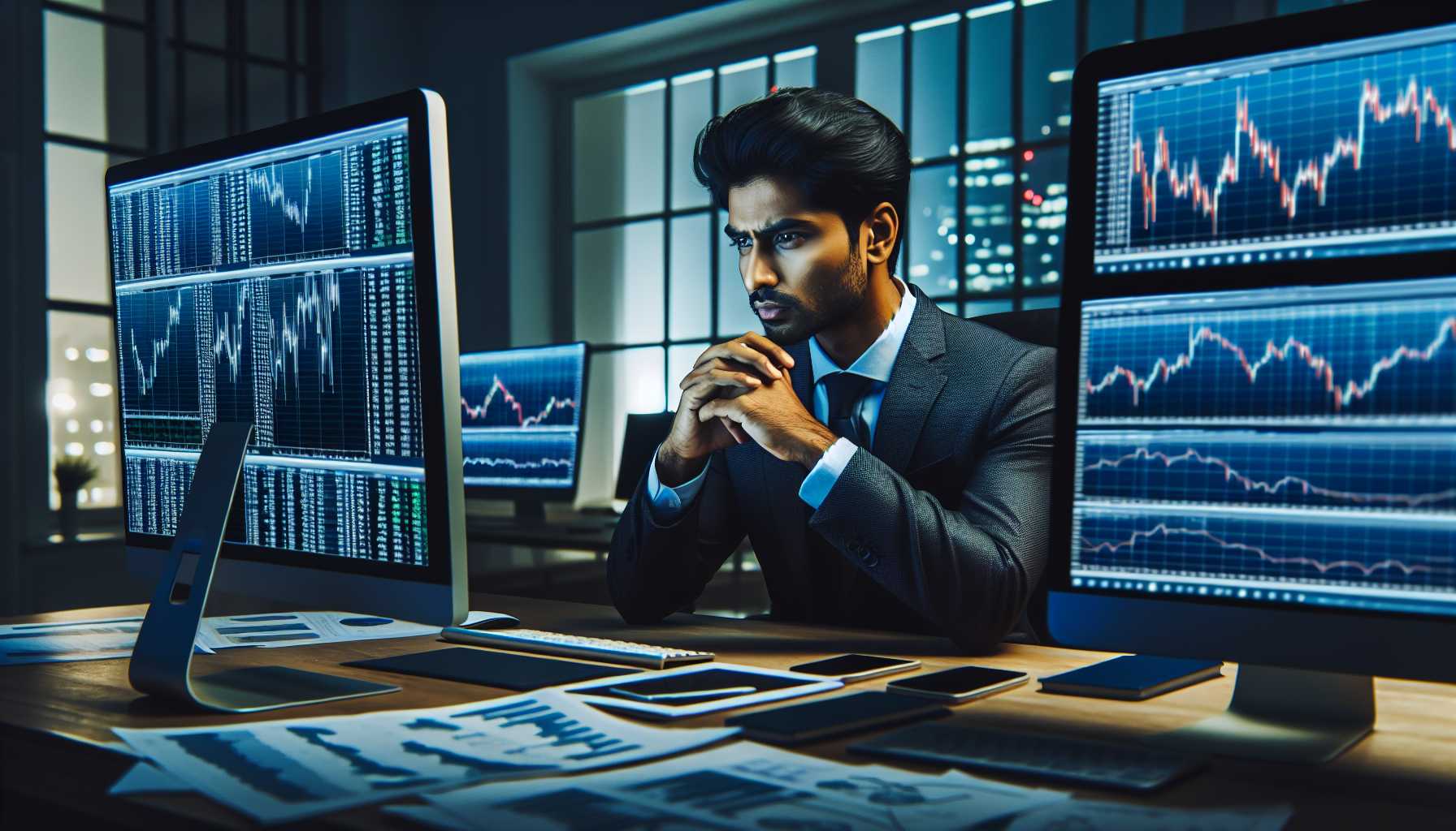 A businessman analyzing stock data on multiple computer screens