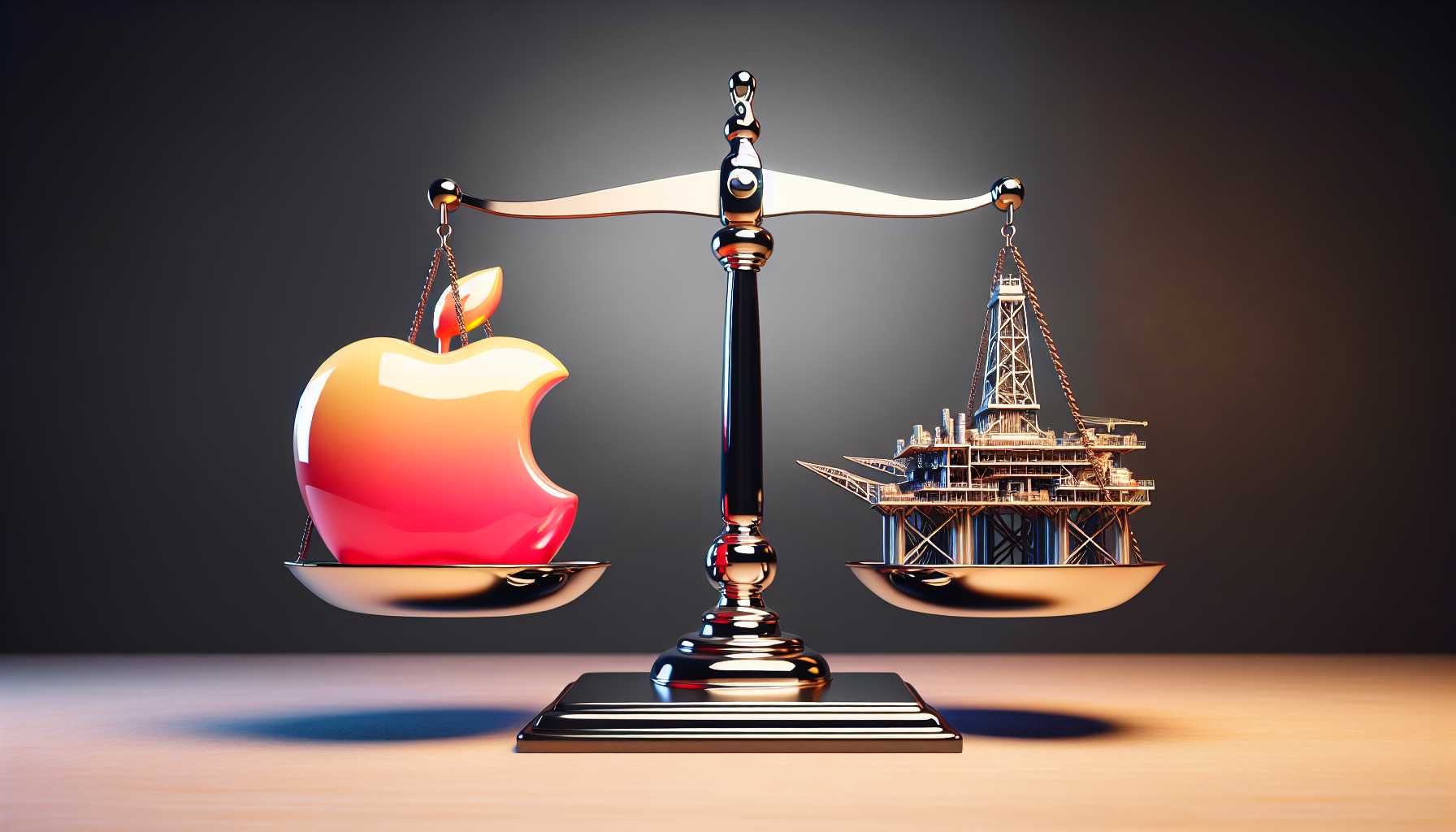 A scale balancing an Apple logo on one side and an oil rig on the other