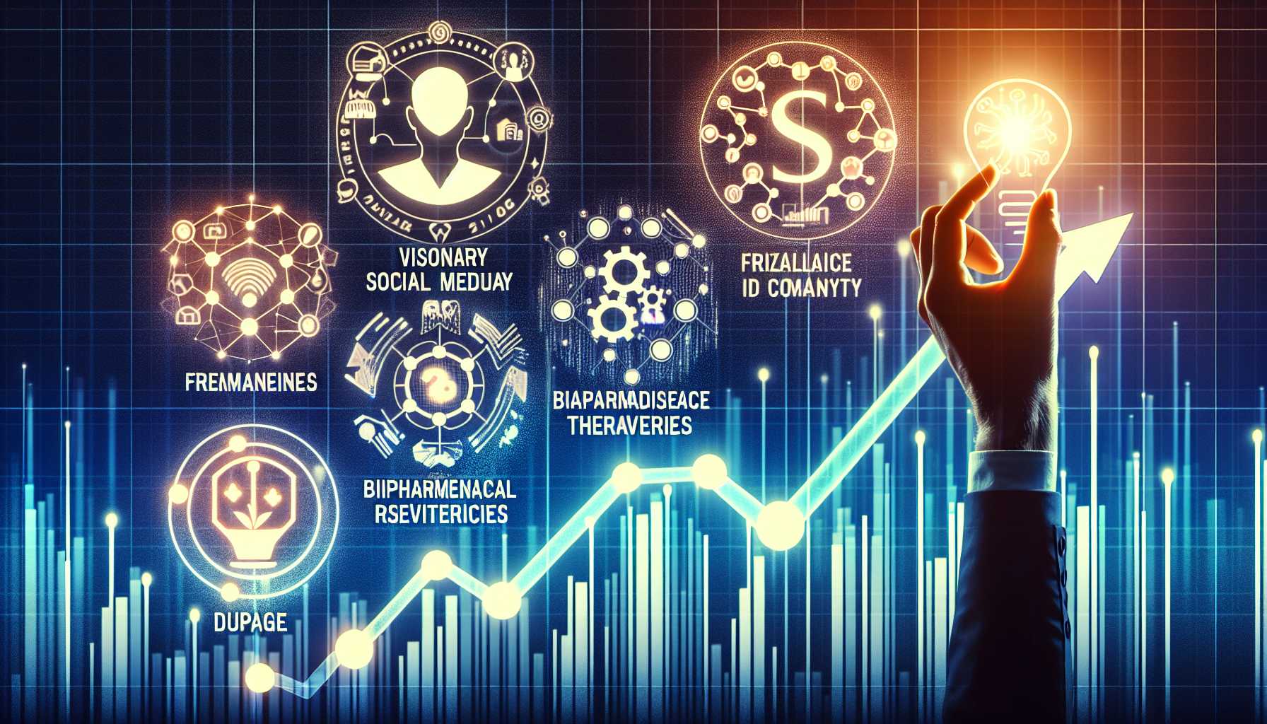 A rising stock graph with logos of Meta, Fiverr, BioMarin Pharmaceutical, and Western Digital