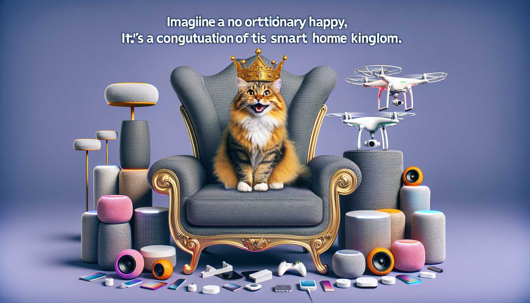 A happy cat wearing a crown sitting on a throne made of smart home devices