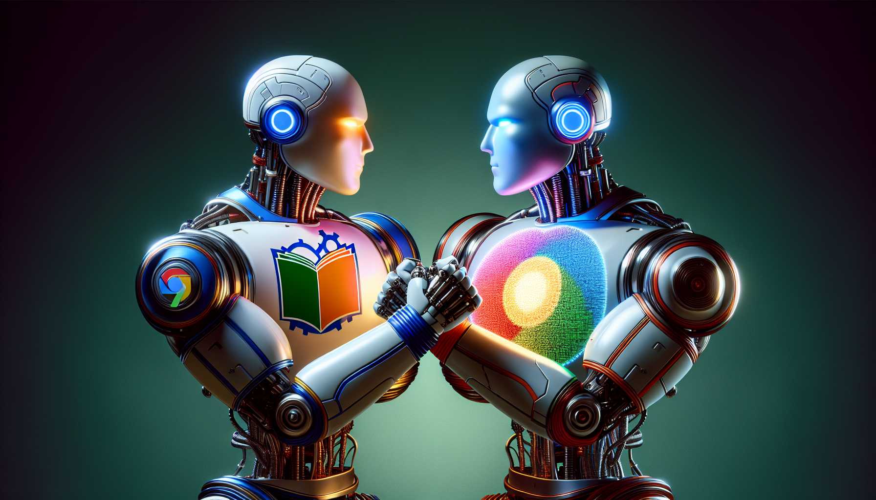 Two colossal tech companies, OpenAI and Google, shown as playful but fierce opponents in the form of humanoid robots.