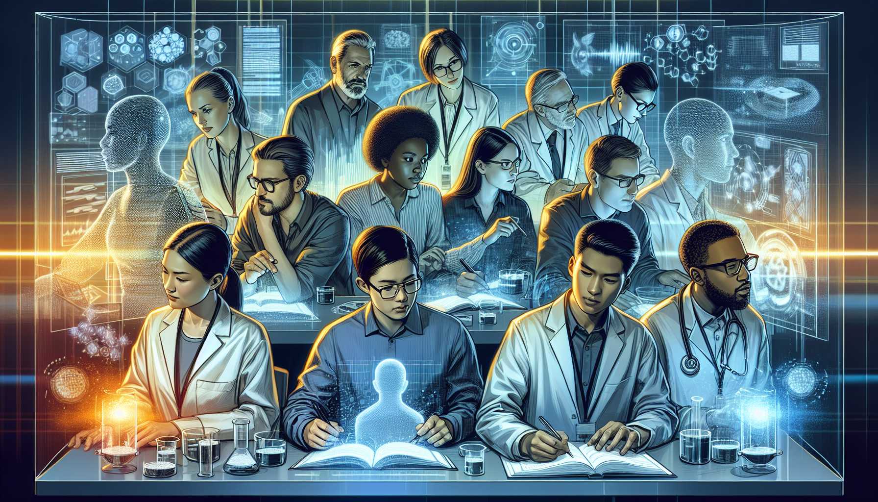 An illustration of a vibrant think-tank scene within OpenAI, with diverse researchers collaborating on futuristic AI safety measures.