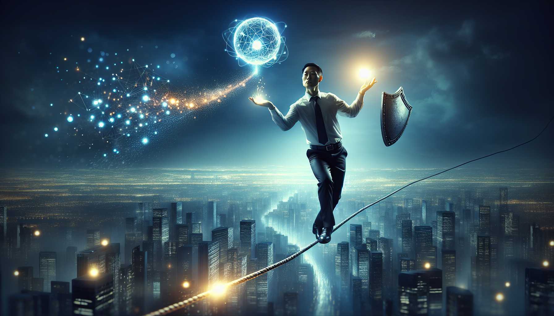 A tech investor balancing on a tightrope while juggling innovation and safety, representing the delicate balance required in the tech industry.