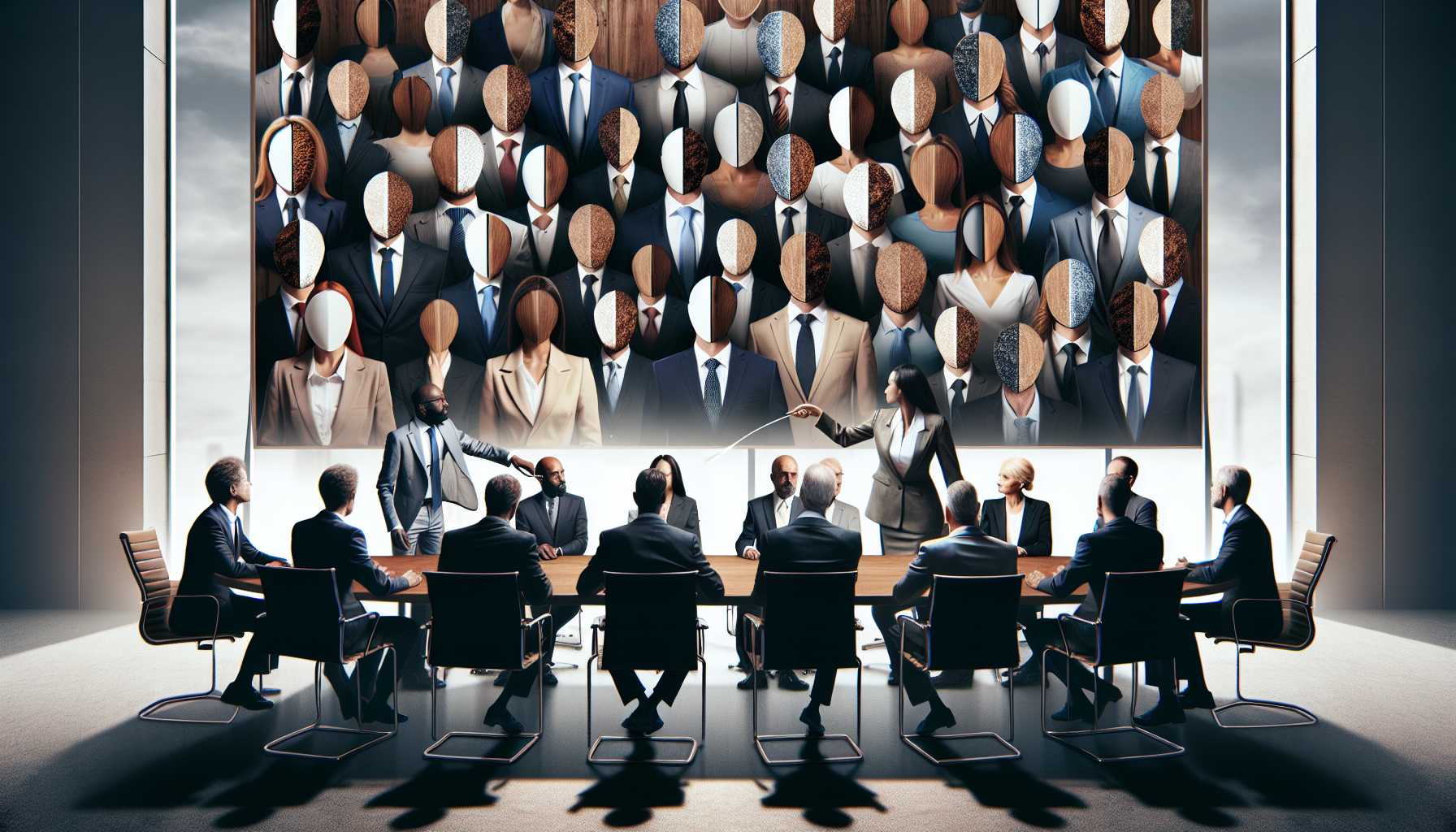 A corporate boardroom with a collage of AWS and OpenAI leaders exchanging leadership roles, depicting a dramatic reshuffling.