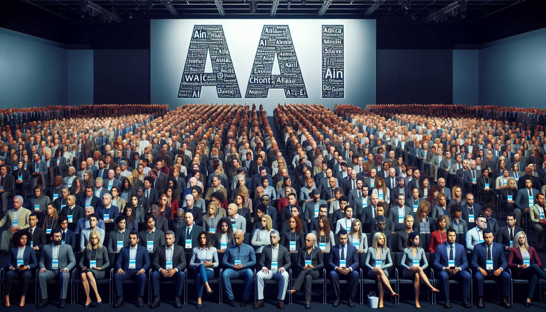 A crowded tech conference room with the word 'AI' prominently displayed, with an overwhelmed audience in the stands.